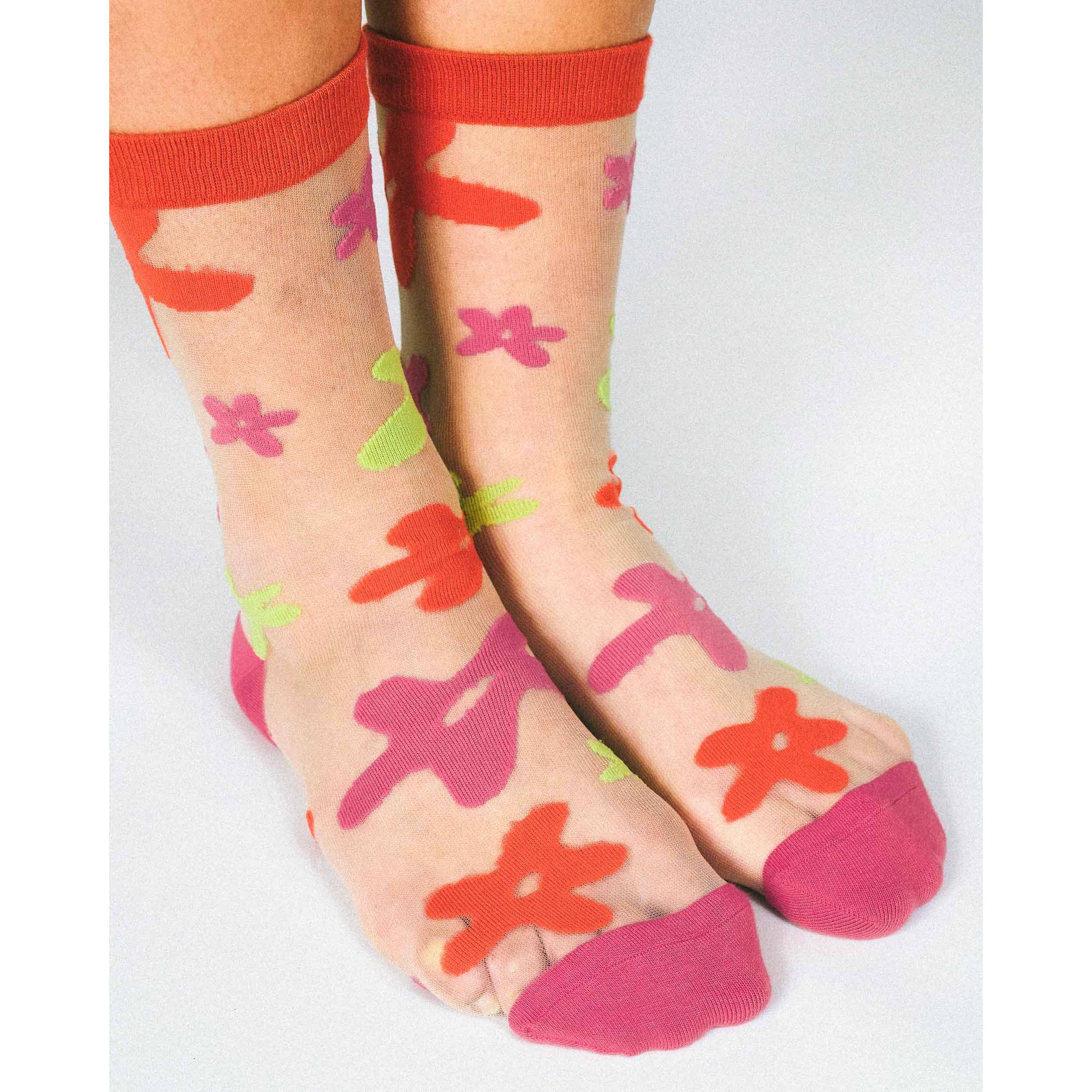 Flower Sheer Crew Socks by Hannah Packer | Women's Lightweight Floral Crew Socks | 70s-Inspired Sheer Socks - Image 5