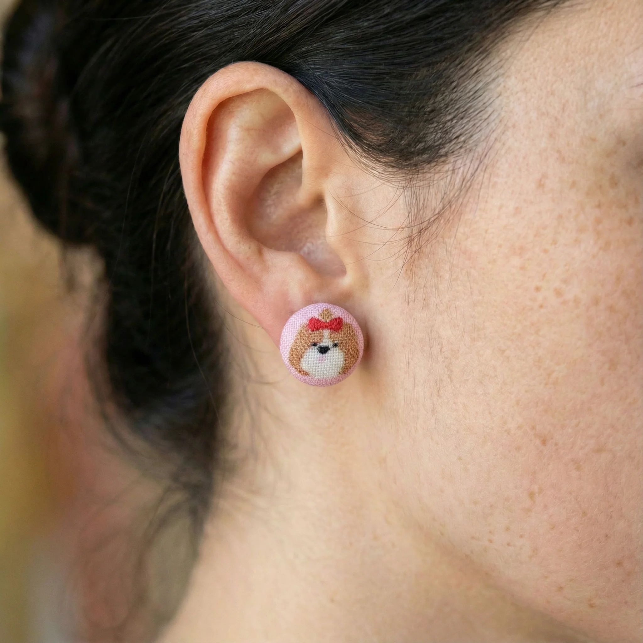 Shih Tzu Dog with Bow Fabric Button Earrings | Handmade in the US