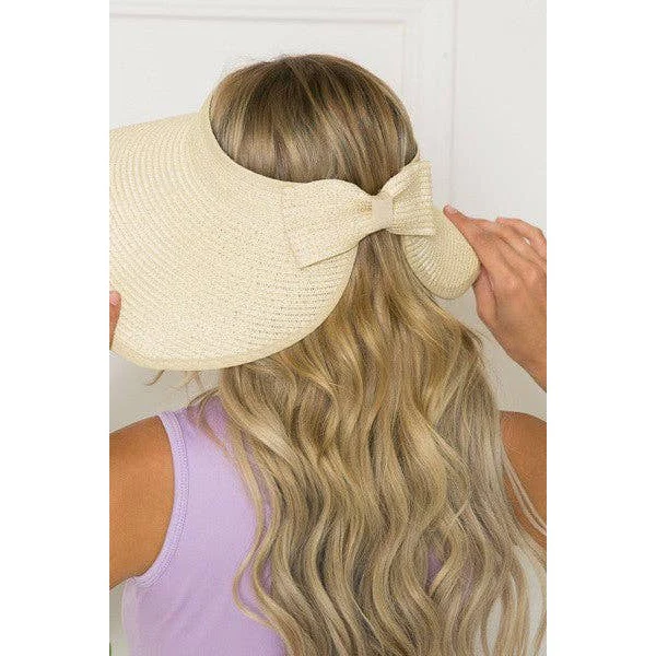 Foldable Wide Brim Bow Visor Sun Hat [Available in Ivory or Pink] - Image 3
