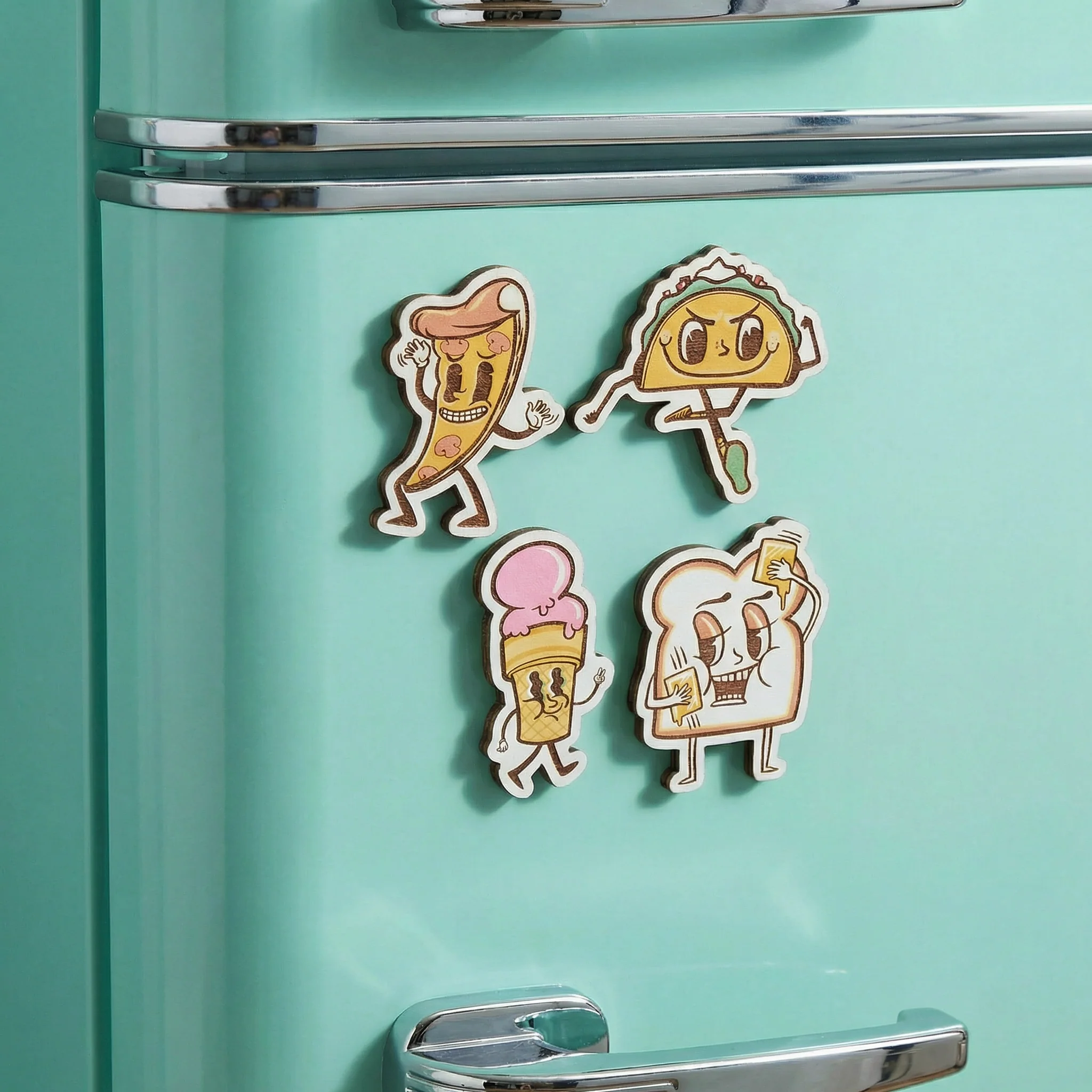Food Crew Magnet Set | Retro Wooden Food Character Fridge Magnets | Pizza Taco Ice Cream Toast Kitchen Gift - Image 2