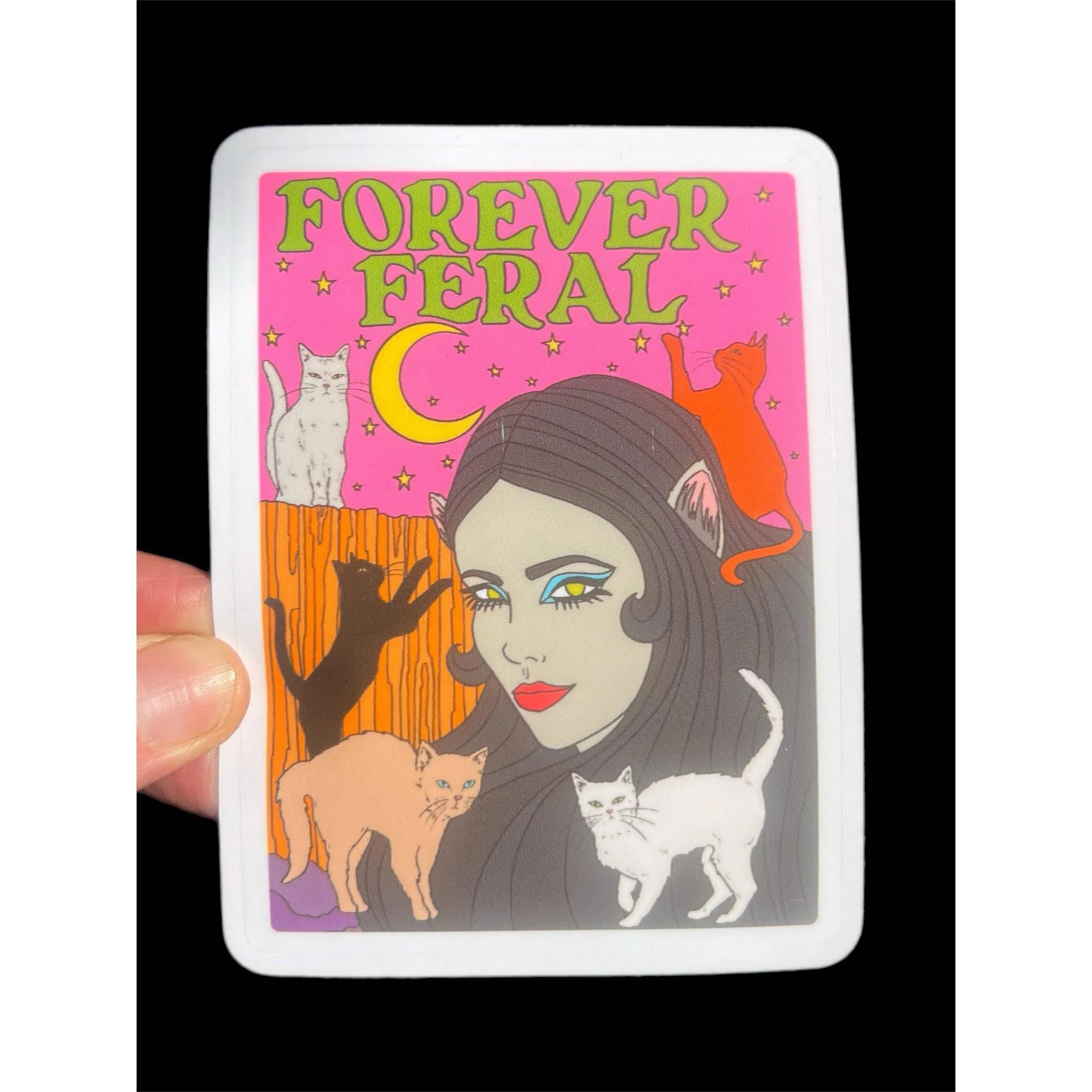 Forever Feral Waterproof Vinyl Sticker | Glossy Cats Retro Art Decal | 3" - Image 3