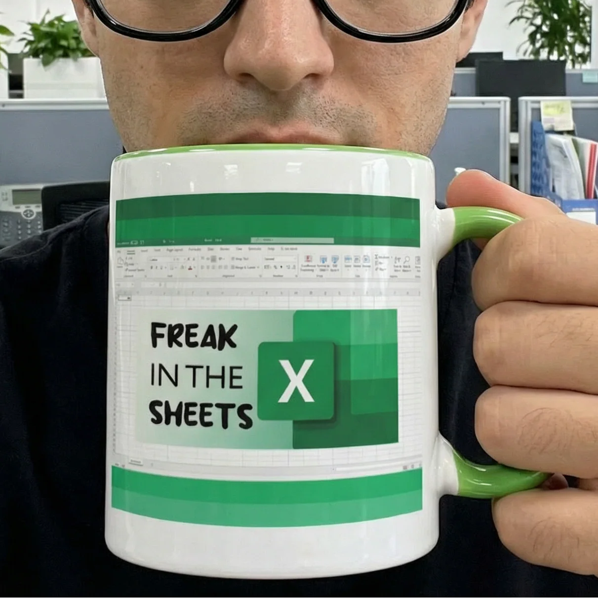 Freak In The (Excel) Sheets Ceramic Mug in White and Green | Coffee Tea Cup | 15oz - Image 2