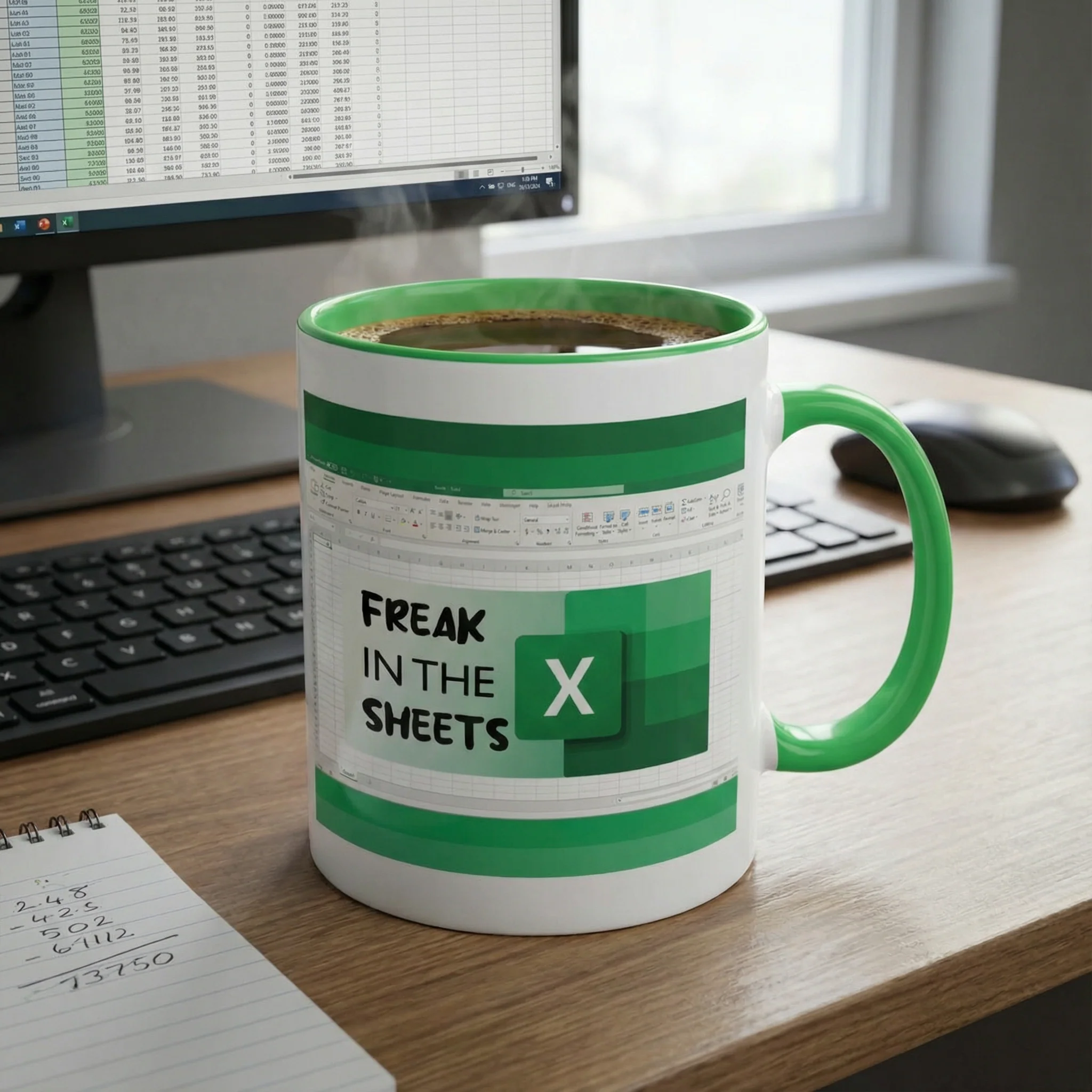 Freak In The (Excel) Sheets Ceramic Mug in White and Green | Coffee Tea Cup | 15oz - Image 4