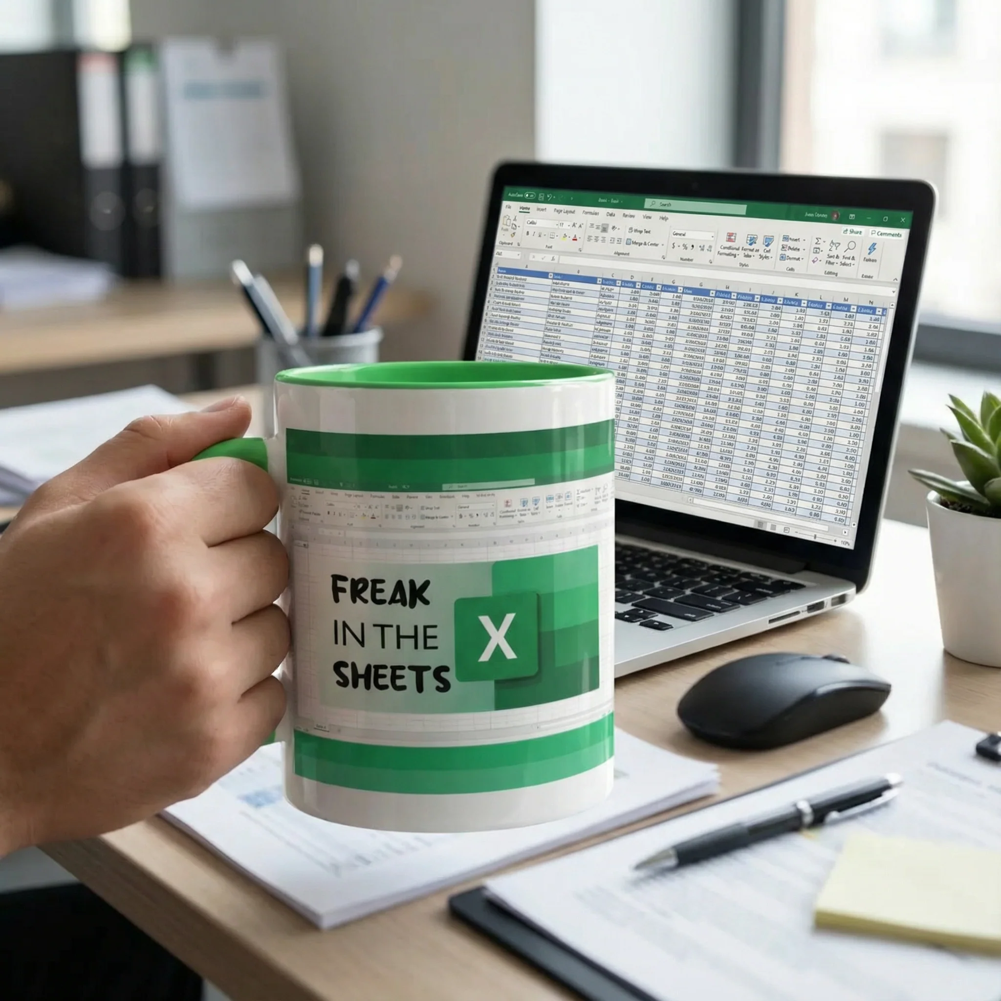 Freak In The (Excel) Sheets Ceramic Mug in White and Green | Coffee Tea Cup | 15oz - Image 5