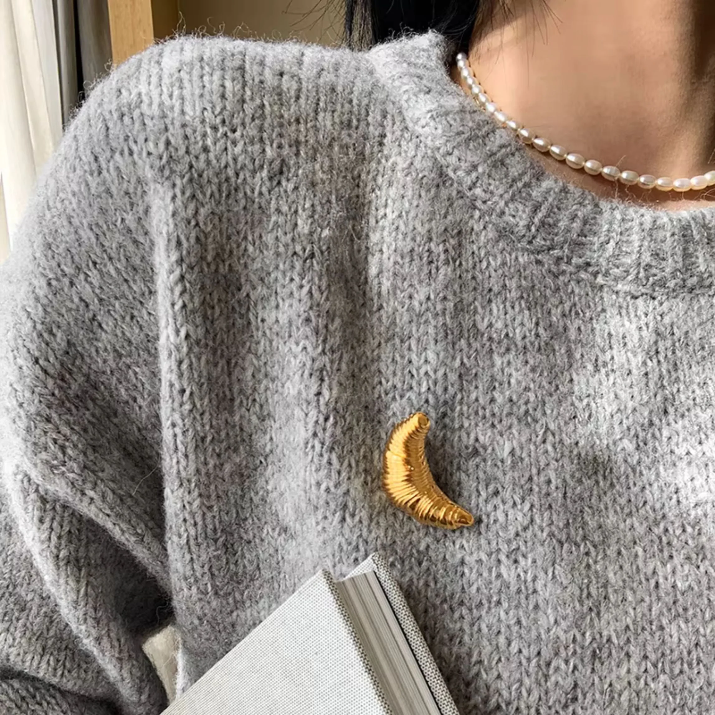French Croissant Brooch in Gold & Silver 1.4" Metal Pin for Food Lovers - Image 3