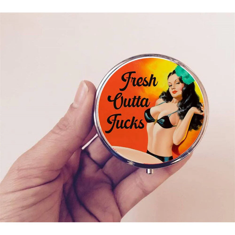 Fresh Outta Fucks Pill Box | Handmade 2.25" Round Pill Case | Retro Pinup Art - Image 5