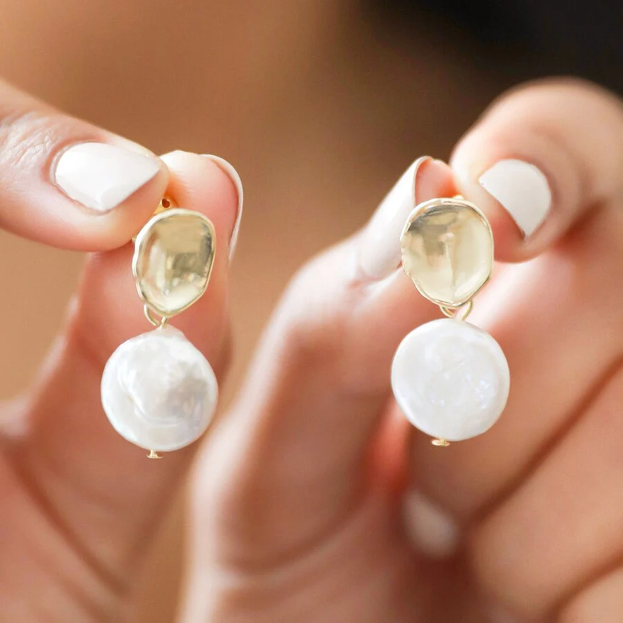 Molten Freshwater Pearl Drop Earrings | 14K Gold Plated Brass and Real Freshwater Pearls - Image 2