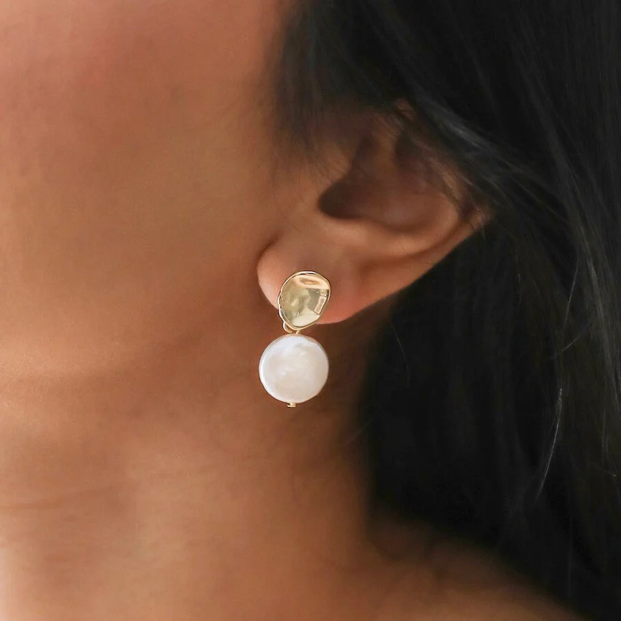 Molten Freshwater Pearl Drop Earrings | 14K Gold Plated Brass and Real Freshwater Pearls - Image 3
