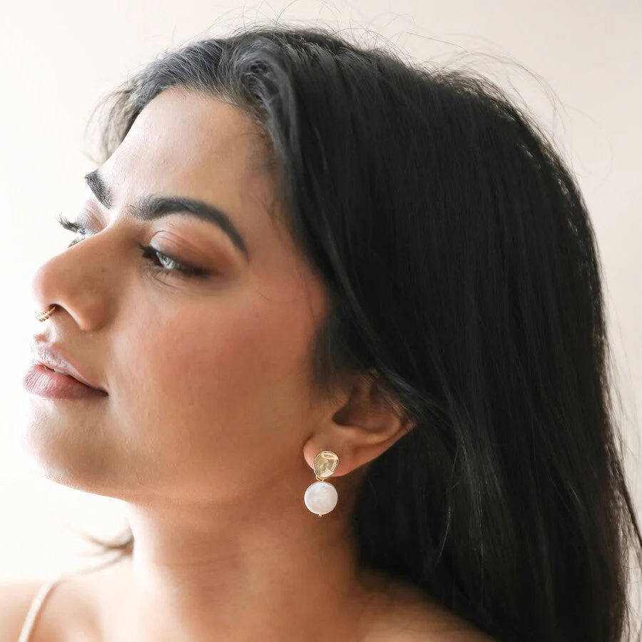 Molten Freshwater Pearl Drop Earrings | 14K Gold Plated Brass and Real Freshwater Pearls - Image 4