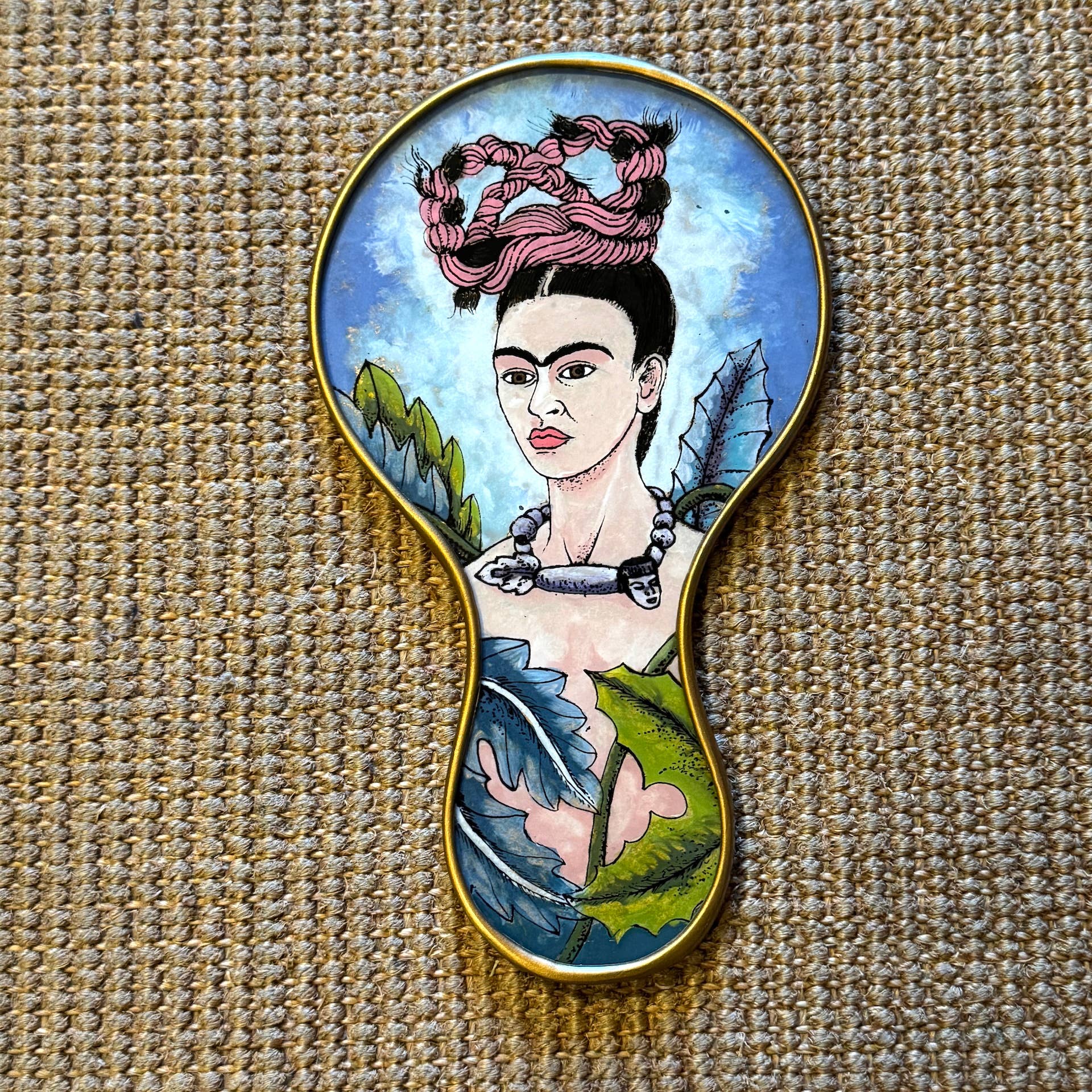 Frida Kahlo Hand Mirror with Floral Hair Knot | Hand-Painted Reverse Glass, Made in Peru - Image 2