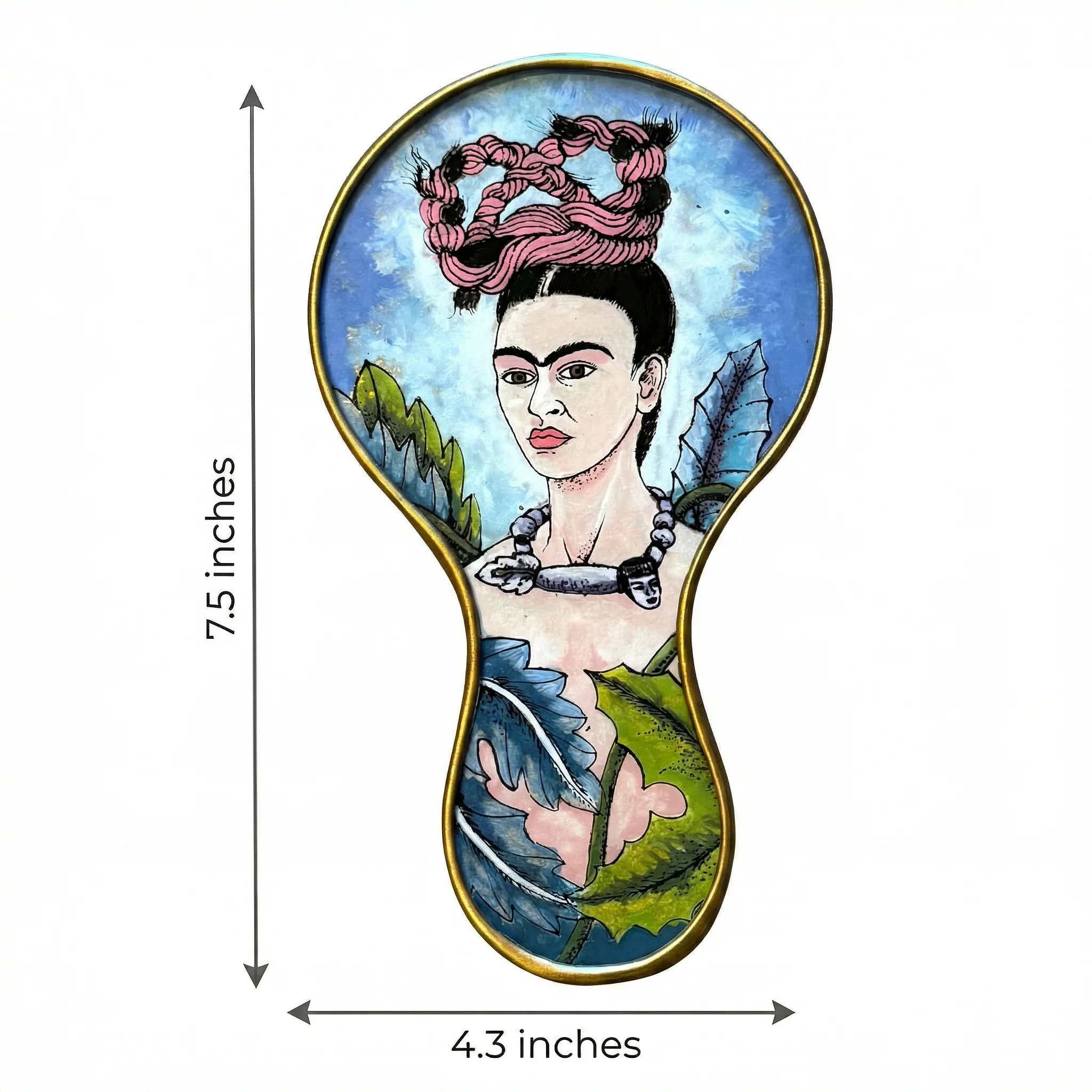 Frida Kahlo Hand Mirror with Floral Hair Knot | Hand-Painted Reverse Glass, Made in Peru - Image 4