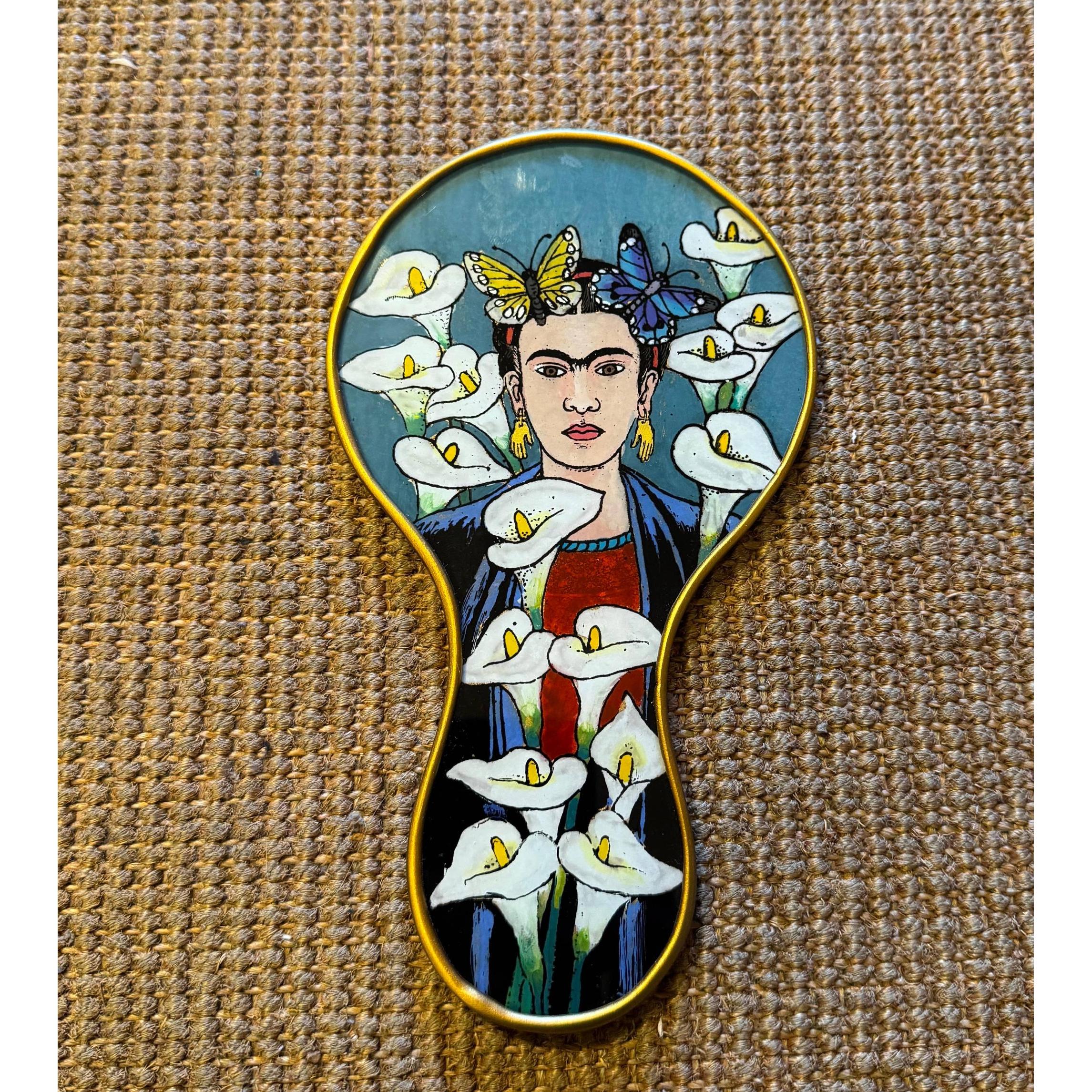 Frida Kahlo Hand Mirror with Calla Lilies & Butterflies | Hand-Painted Reverse Glass, Made in Peru - Image 2