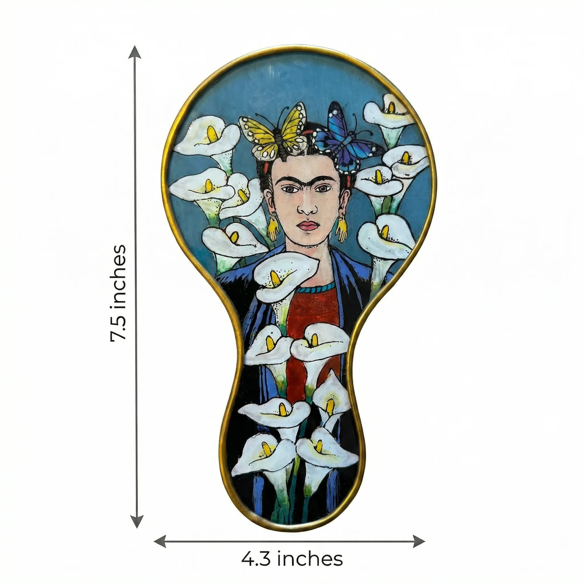 Frida Kahlo Hand Mirror with Calla Lilies & Butterflies | Hand-Painted Reverse Glass, Made in Peru - Image 4
