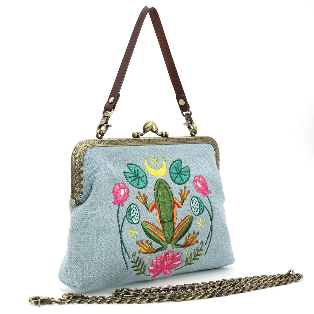 Frog in the Lily Pond Kiss Lock Bag in Linen Cotton Blend Material - Image 4