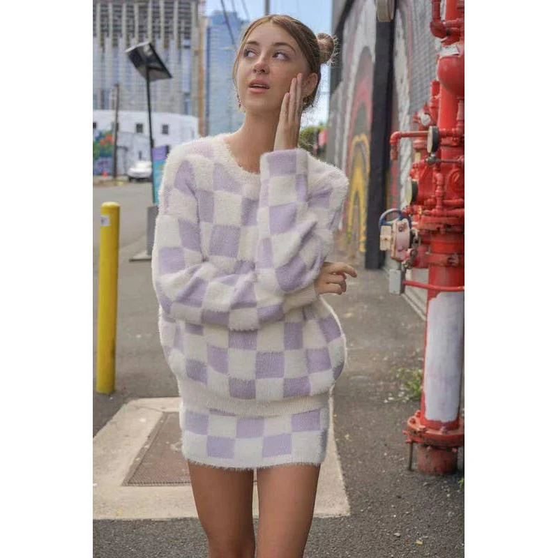 Lilac Fuzzy Checkered Skirt | 90s-Inspired Fuzzy Mini Skirt | Elastic Waist Retro Plaid Skirt - Image 4