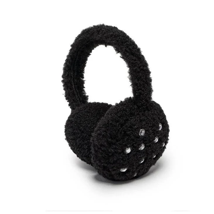 Crystal Jewel Embellishment Black Fuzzy Earmuffs | Winter Ear Warmer Cover Caps - Image 2