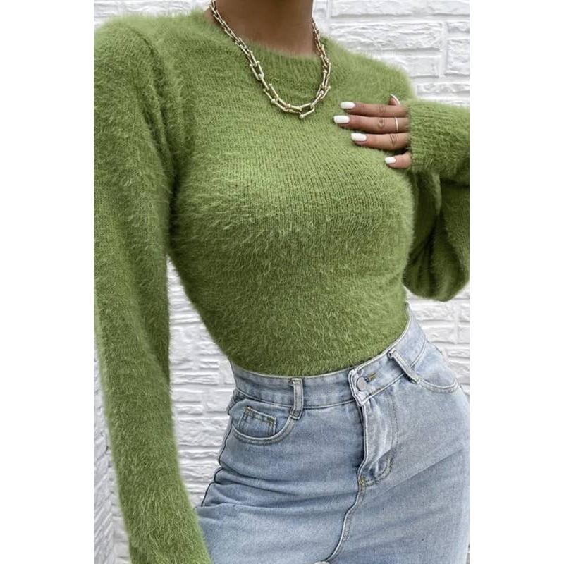 Green Fuzzy Open Back Cropped Sweater | Novelty Knit Crop Top | Trendy Open Back Sweater - Image 2
