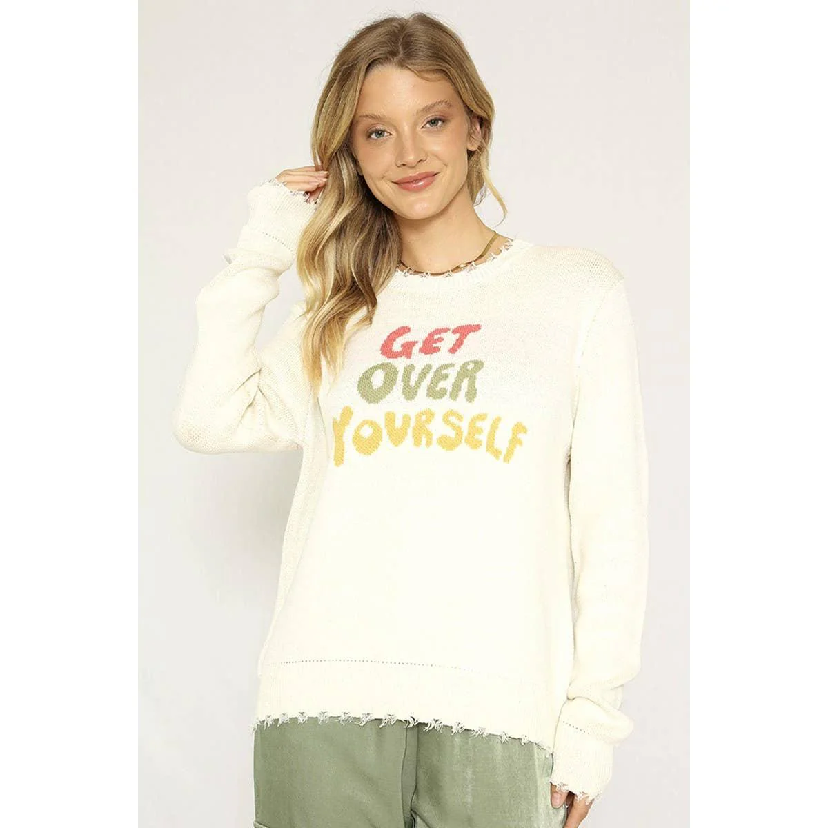 Get Over Yourself Sweater | Intarsia Knit, Tattered Detail [SM-XL] - Image 2