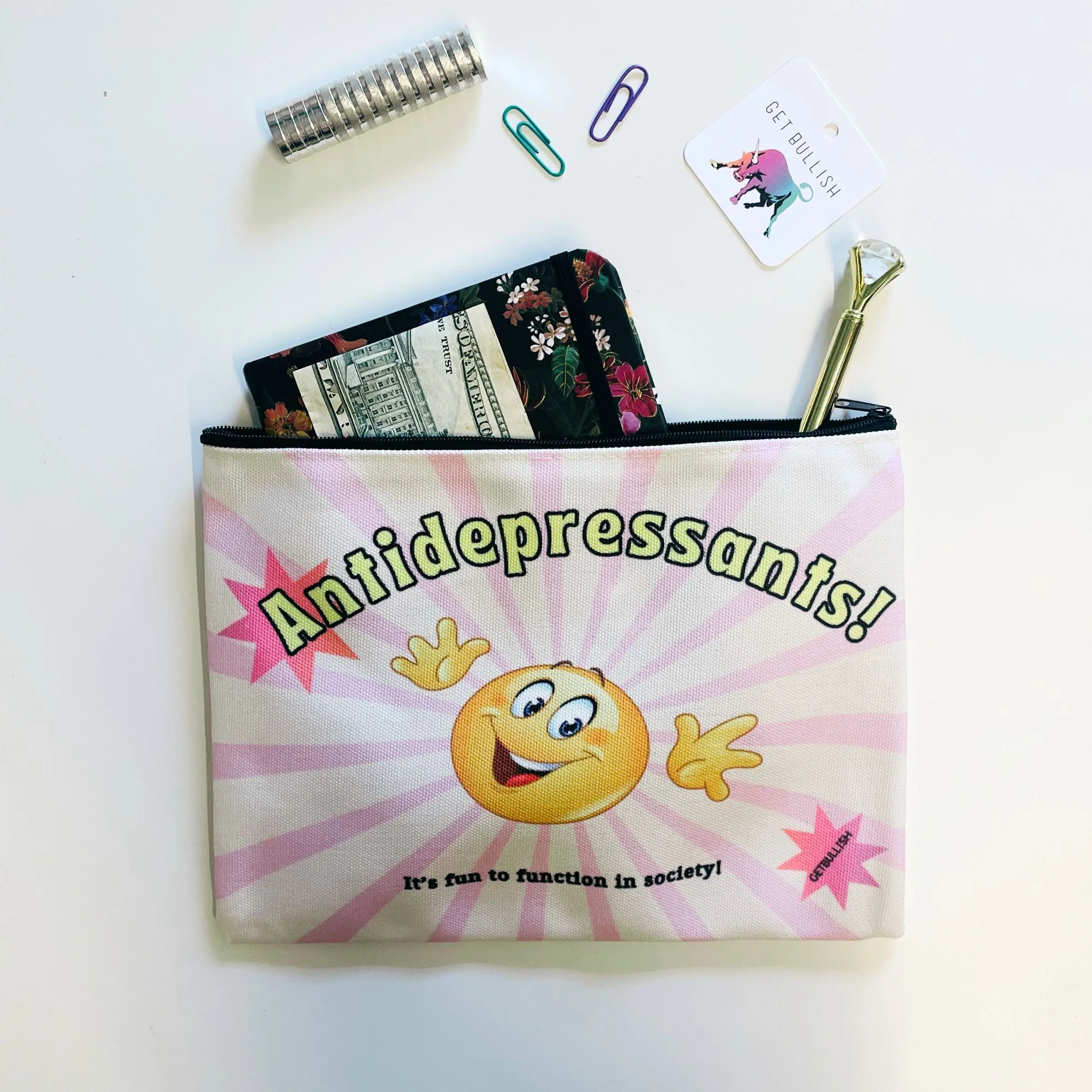 GetBullish Antidepressants! Canvas Zipper Pouch 9.5" x 7" | Cosmetics Bag or Pencil Case - Image 4