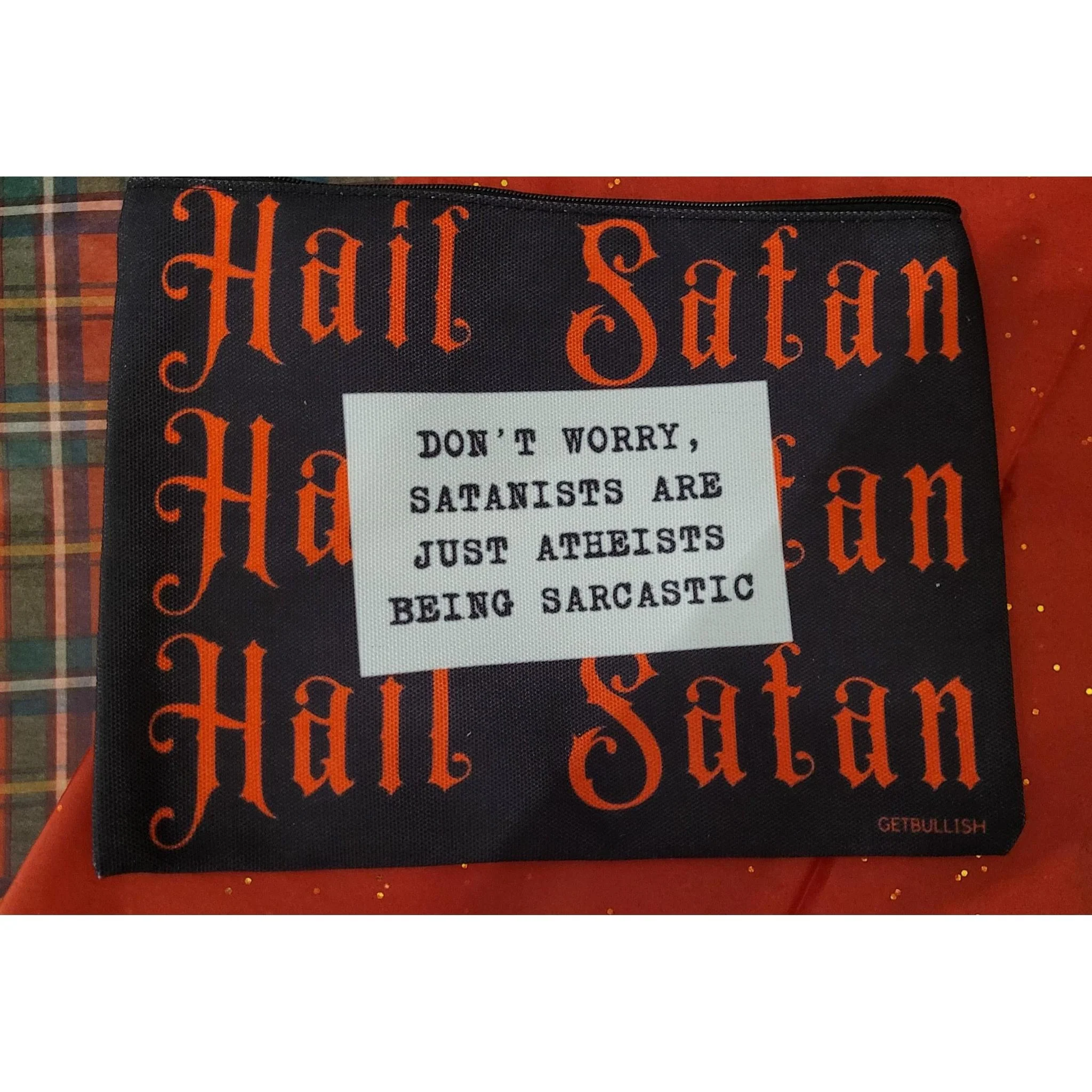 GetBullish Hail Satan Sarcastic Atheist Canvas Zipper Pouch 9.5" x 7" | Cosmetics Bag or Pencil Case - Image 6