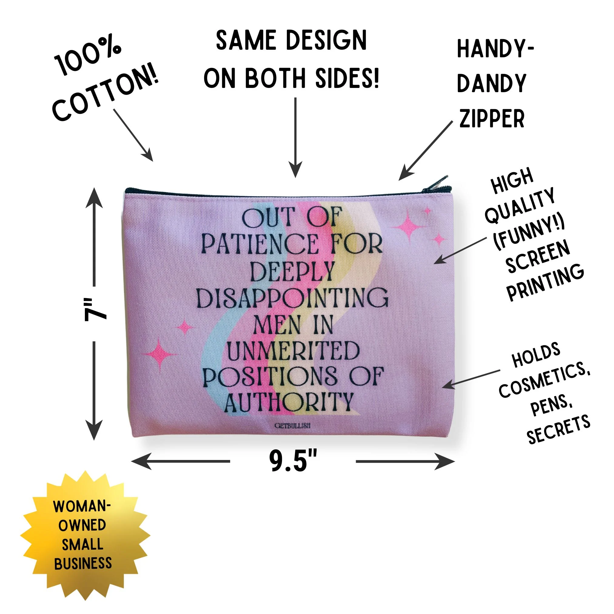 GetBullish Out of Patience with Disappointing Men Feminist Canvas Zipper Pouch 9.5" x 7" | Cosmetics Bag or Pencil Case - Image 3