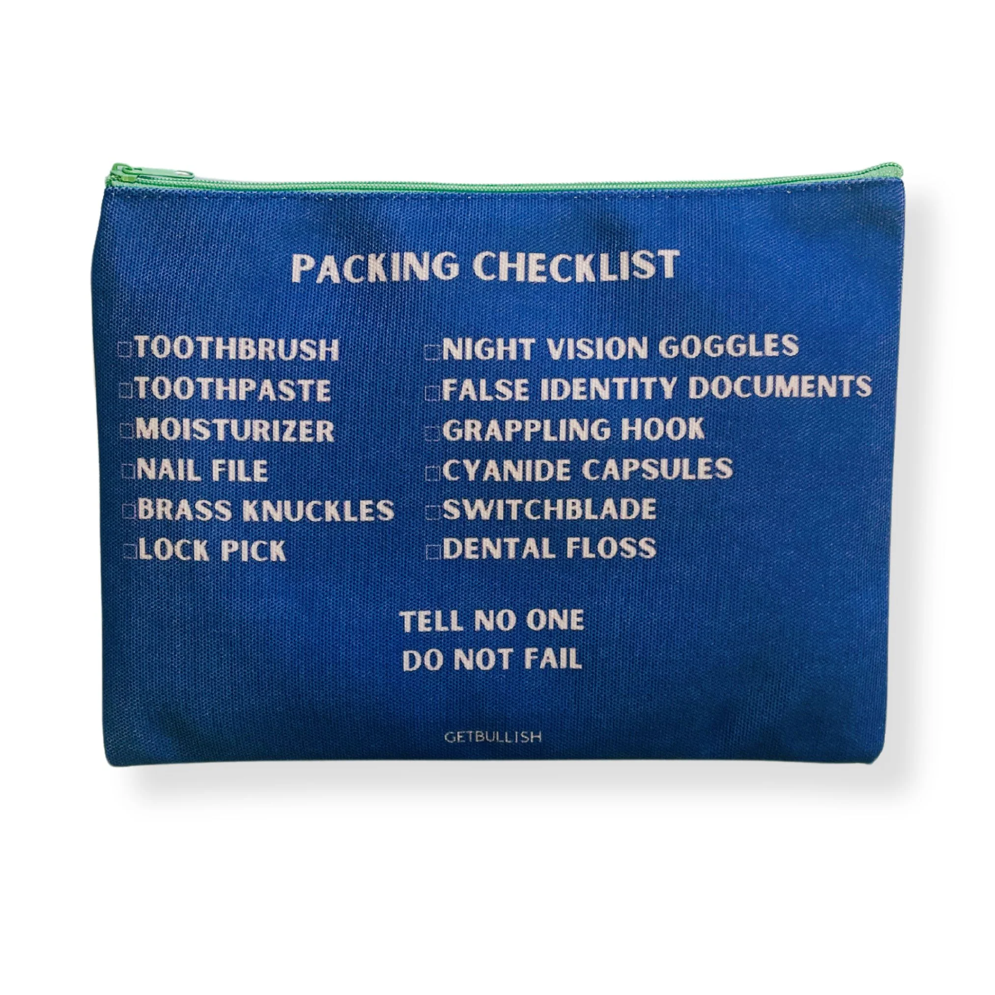GetBullish Secret Agent Packing Checklist Canvas Zipper Pouch 9.5" x 7" | Cosmetics Bag or Pencil Case - Image 2