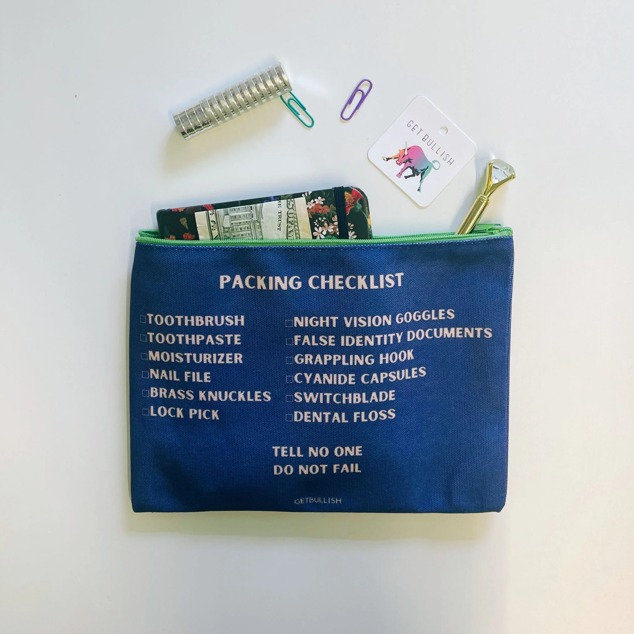 GetBullish Secret Agent Packing Checklist Canvas Zipper Pouch 9.5" x 7" | Cosmetics Bag or Pencil Case - Image 5