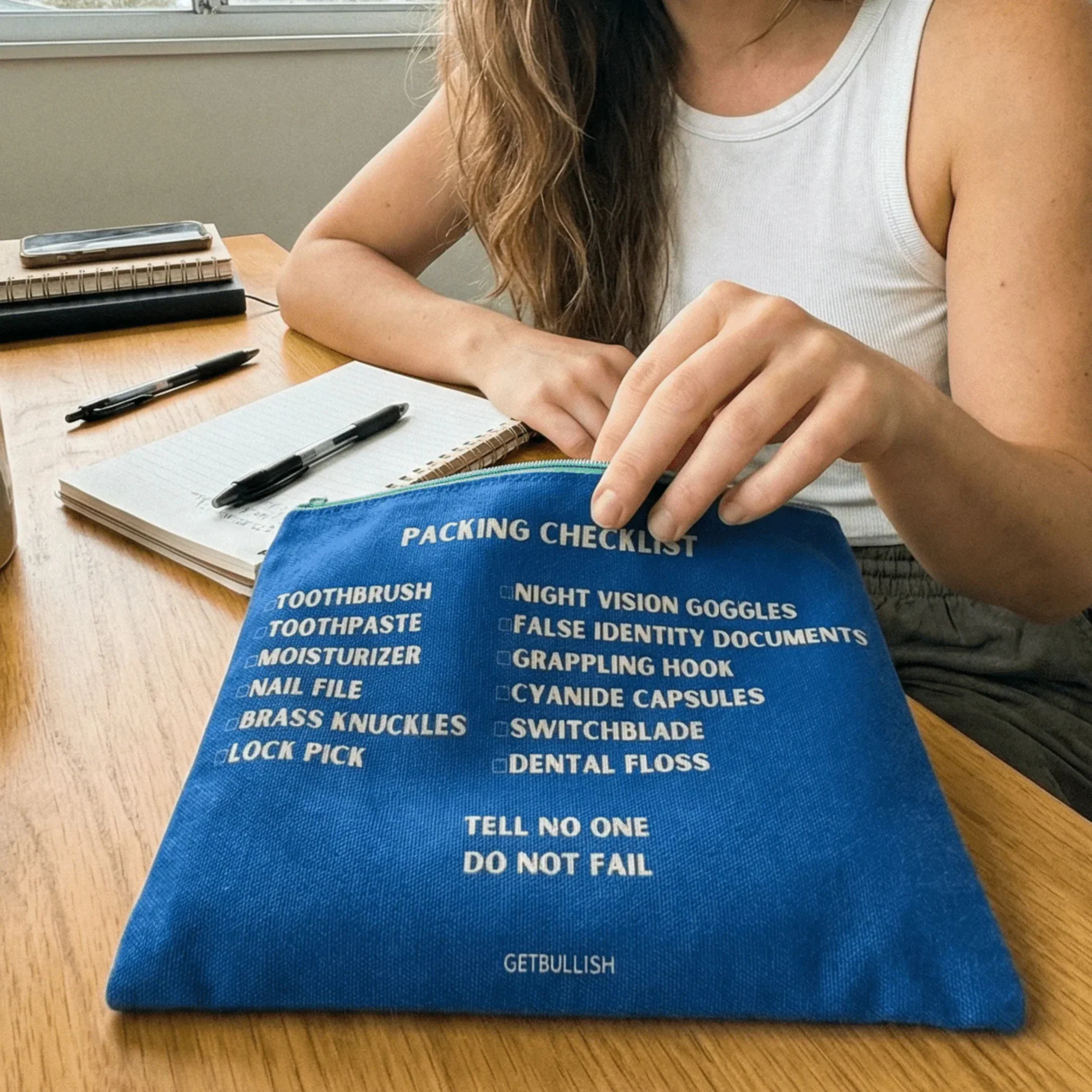 GetBullish Secret Agent Packing Checklist Canvas Zipper Pouch 9.5" x 7" | Cosmetics Bag or Pencil Case - Image 9
