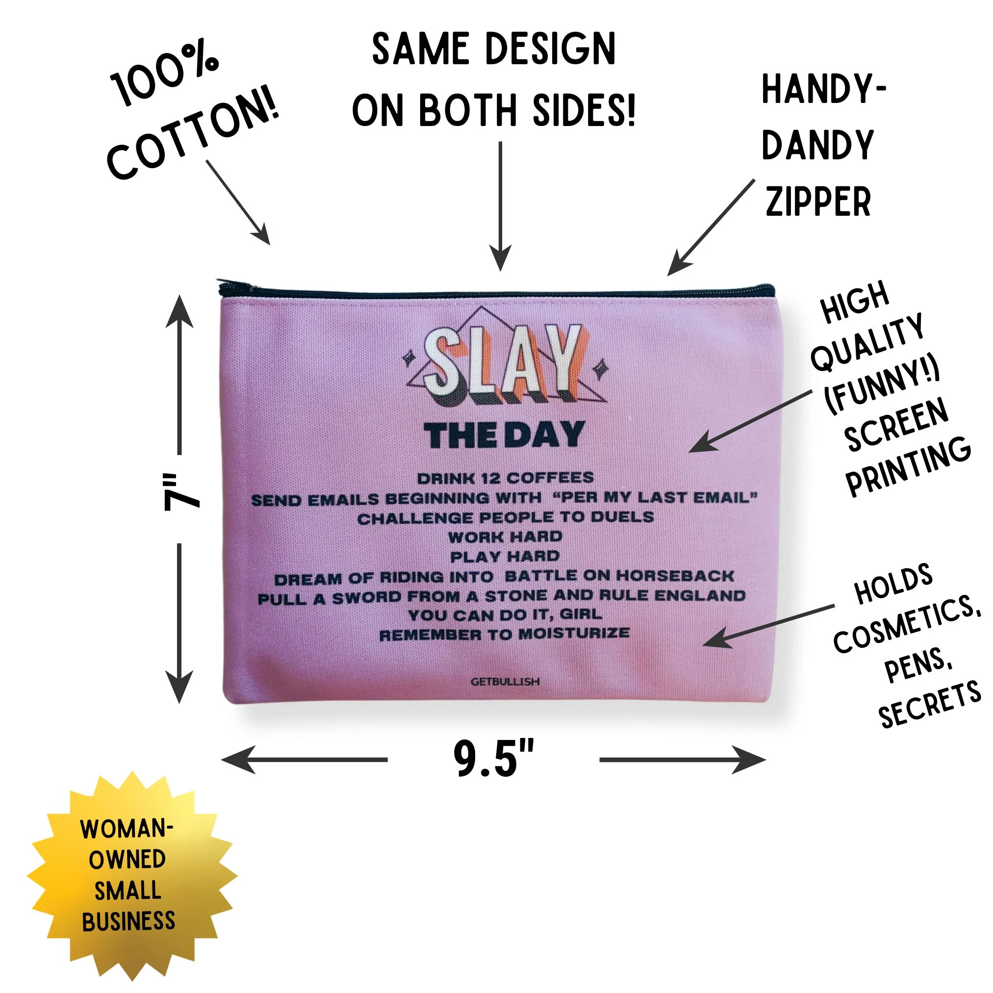 GetBullish Slay the Day Canvas Zipper Pouch 9.5" x 7" | Cosmetics Bag or Pencil Case - Image 3