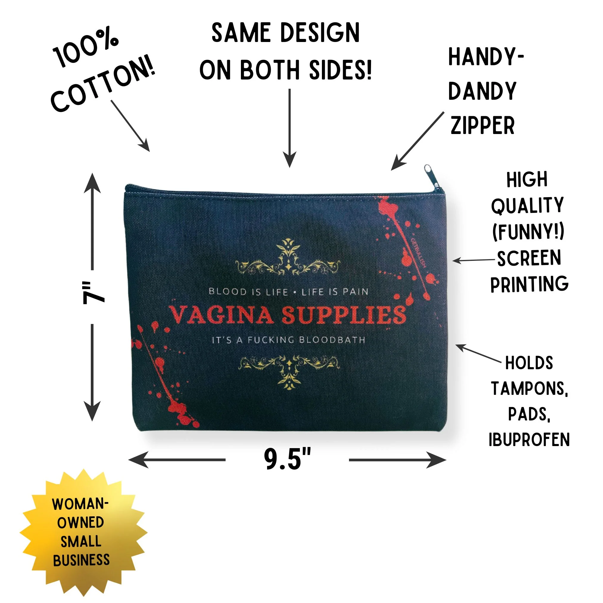 GetBullish Vagina Supplies Blood Bath Canvas Zipper Pouch 9.5" x 7" | Cosmetics Bag or Pencil Case - Image 2