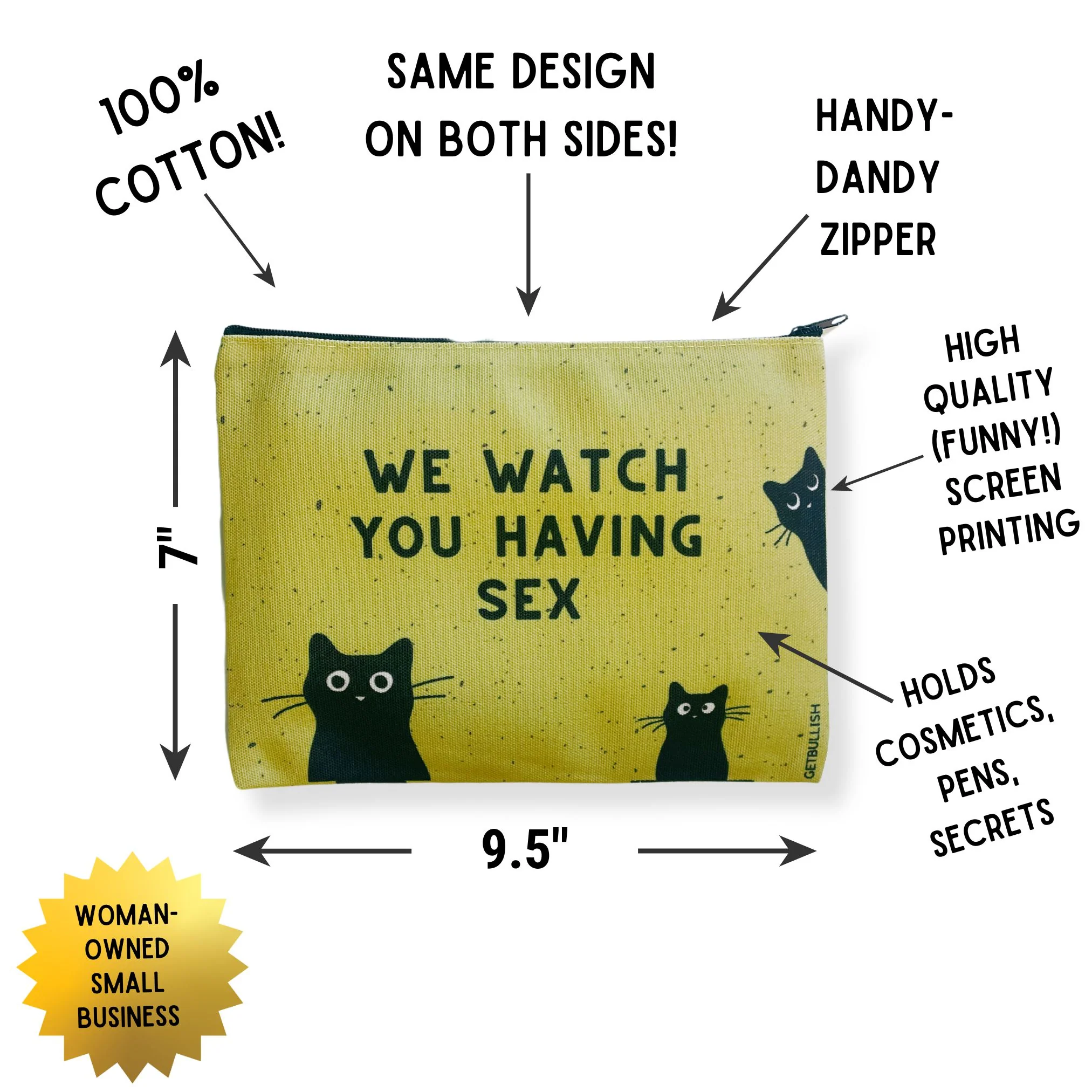GetBullish We Watch You Having Sex Cats Canvas Zipper Pouch 9.5" x 7" | Cosmetics Bag or Pencil Case - Image 3