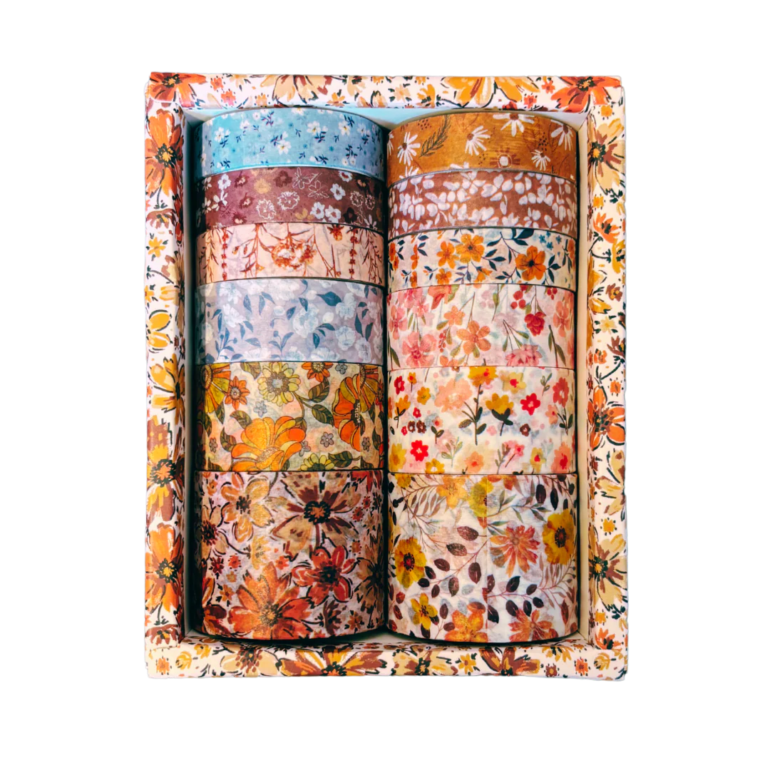 Ginger Florals Washi Set | 12 Washi Tapes in a Box | Gift Wrapping Tools and Craft Tape