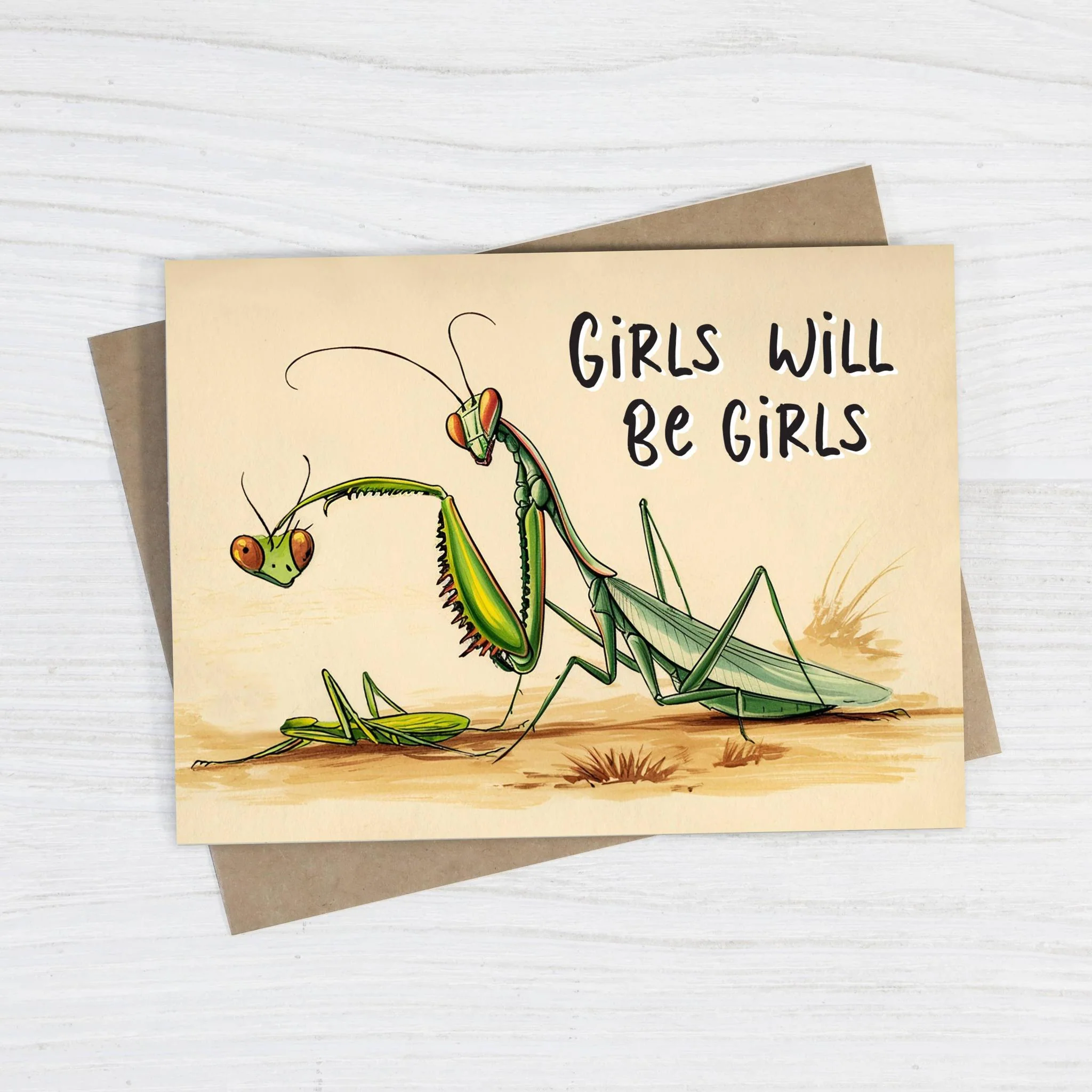 Girls Will Be Girls Funny Feminist Card | Praying Mantis Vintage Humor Blank Greeting Card - Image 2
