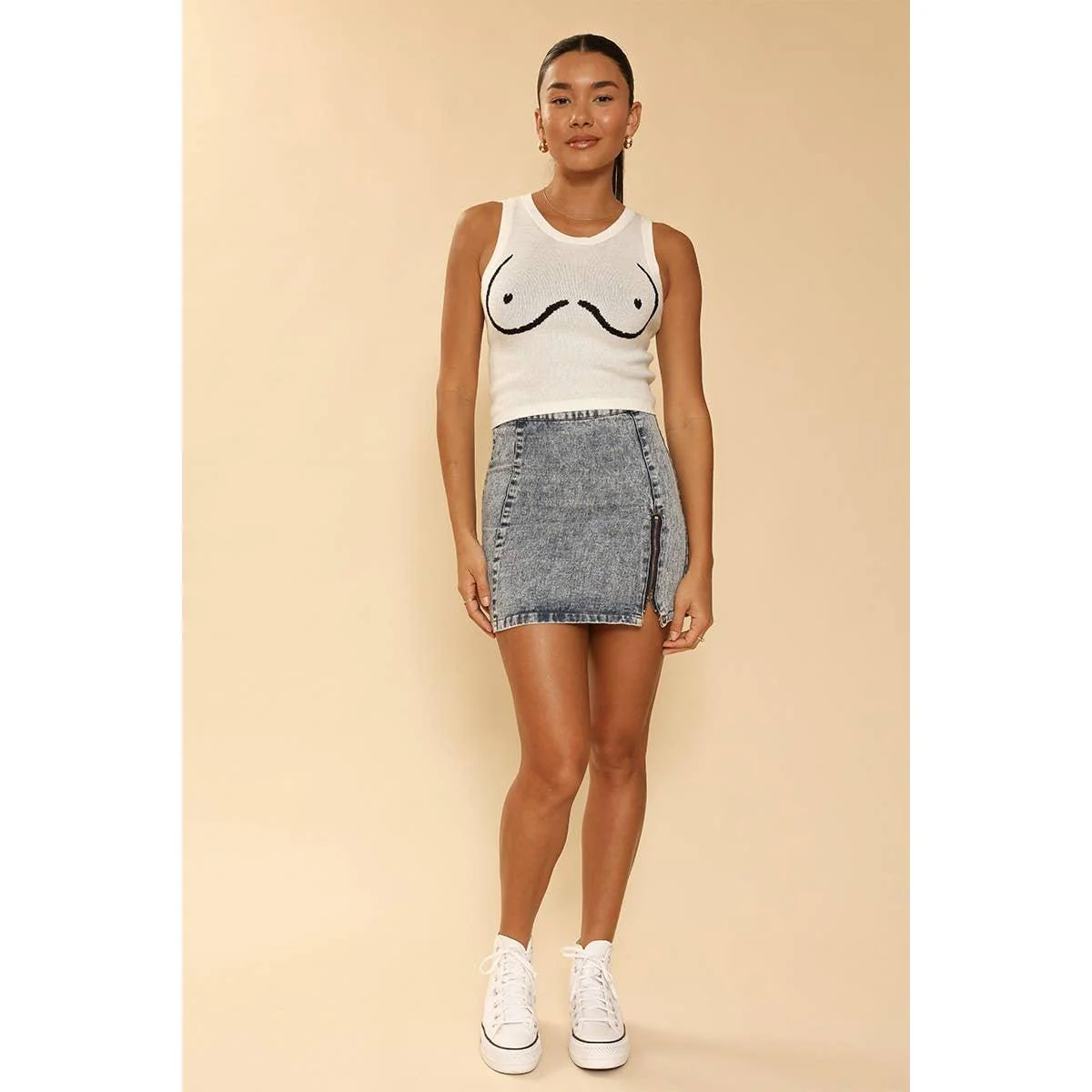 Cream Goddess Tank Top | Cropped Knit Line-Art Boobs Graphic Tank - Image 4