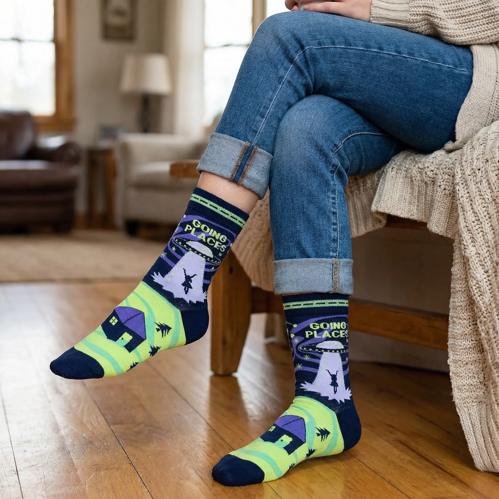 Alien Abduction "Going Places" Women's Socks in Black and Green