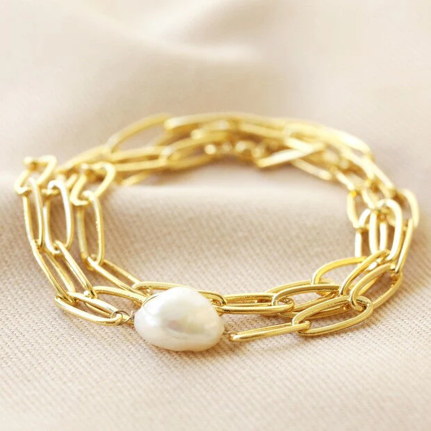 Gold Cable Chain and Pearl Bracelet | Designed in the UK | 14K Gold Plated - Image 2