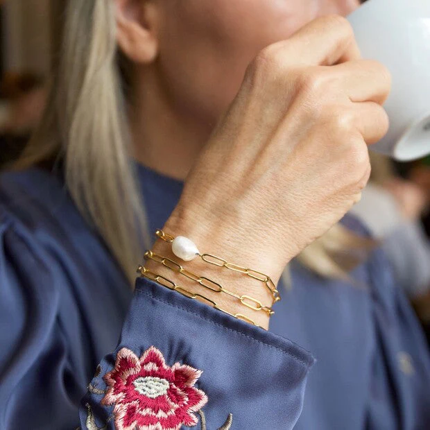 Gold Cable Chain and Pearl Bracelet | Designed in the UK | 14K Gold Plated - Image 4