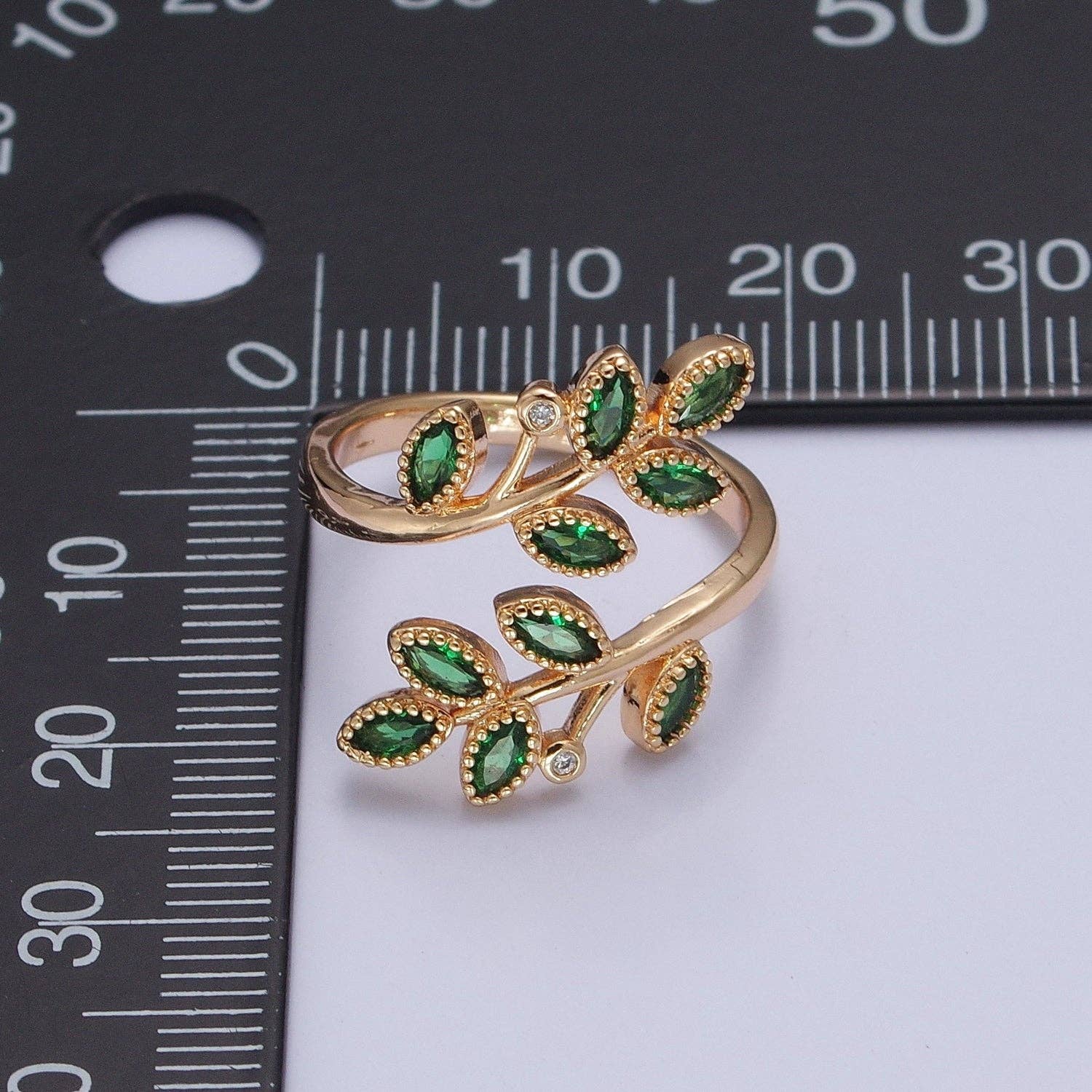 Gold Olive Leaf Ring | Green Pave Adjustable Leaf Ring | 24K Gold Filled Nature Jewelry - Image 2