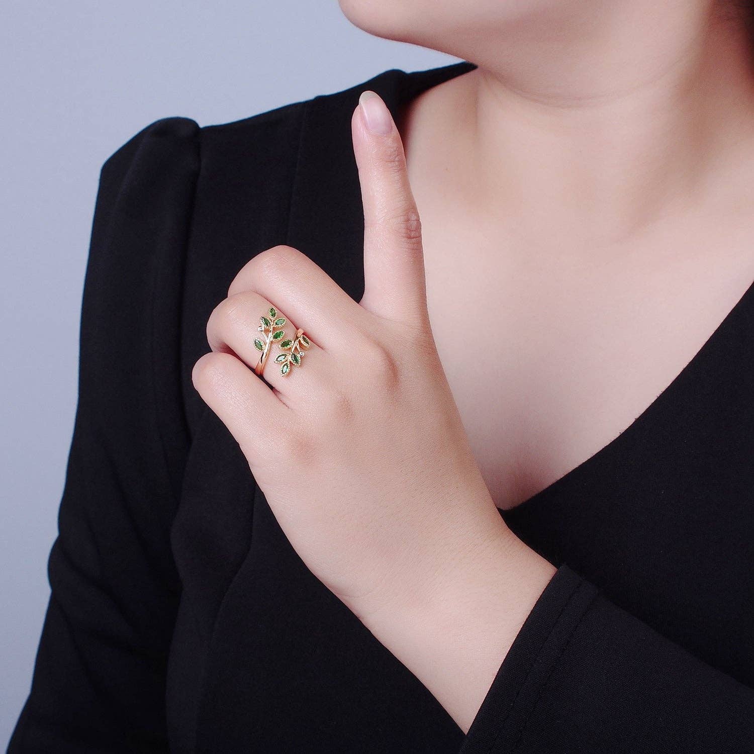 Gold Olive Leaf Ring | Green Pave Adjustable Leaf Ring | 24K Gold Filled Nature Jewelry - Image 3