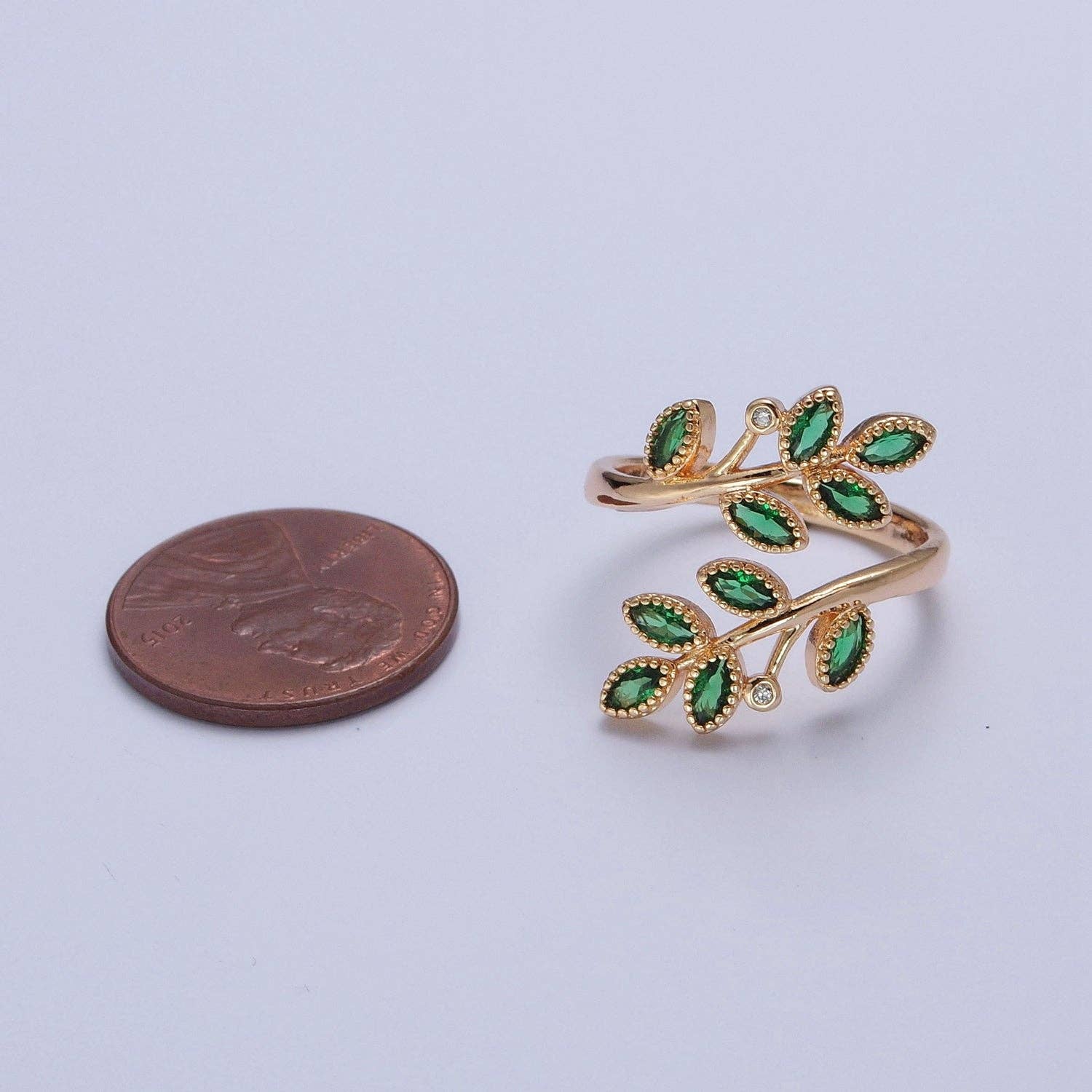 Gold Olive Leaf Ring | Green Pave Adjustable Leaf Ring | 24K Gold Filled Nature Jewelry - Image 4