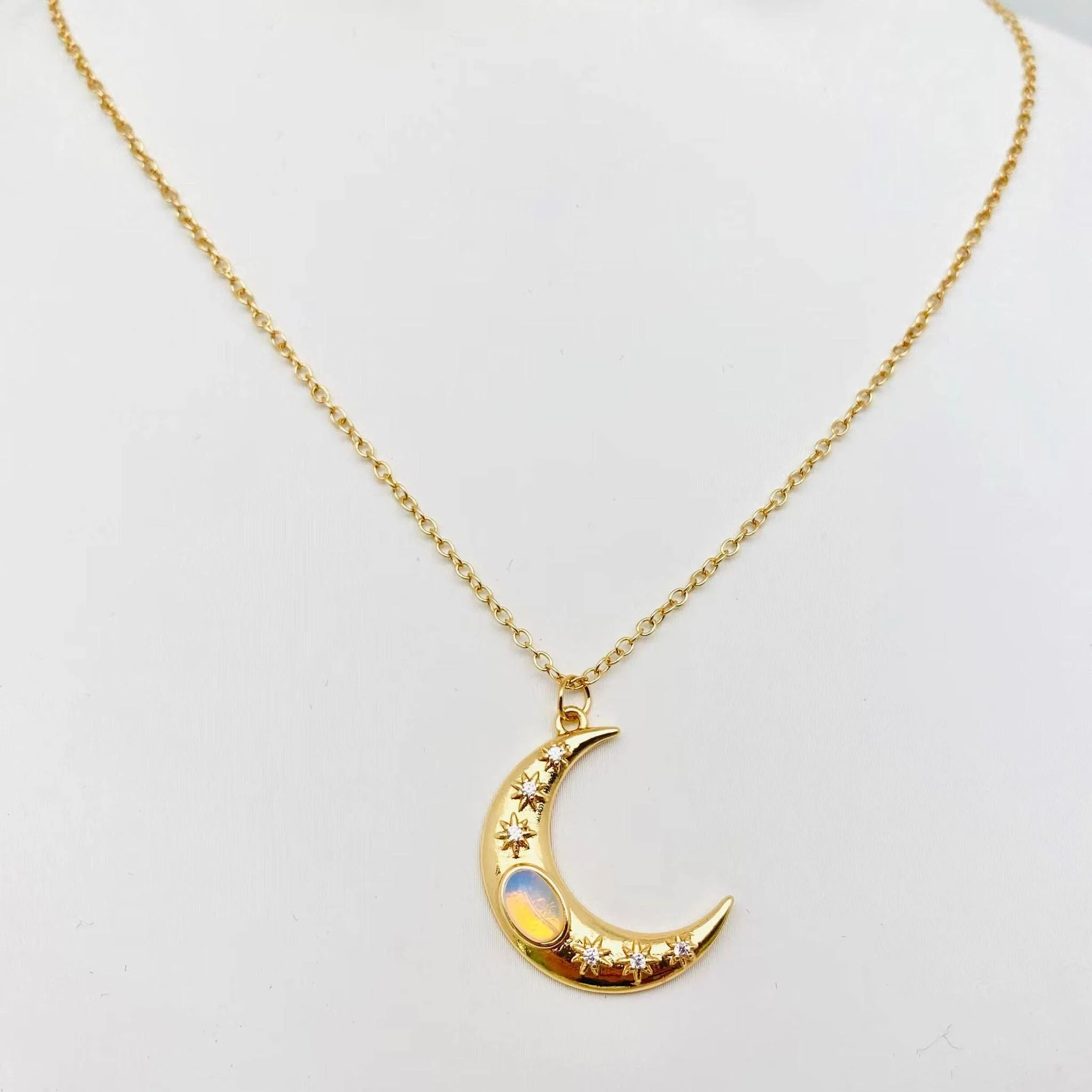Golden Star Moon Inlaid Opal Pendant Necklace | Fashion Chain Jewelry - Image 2
