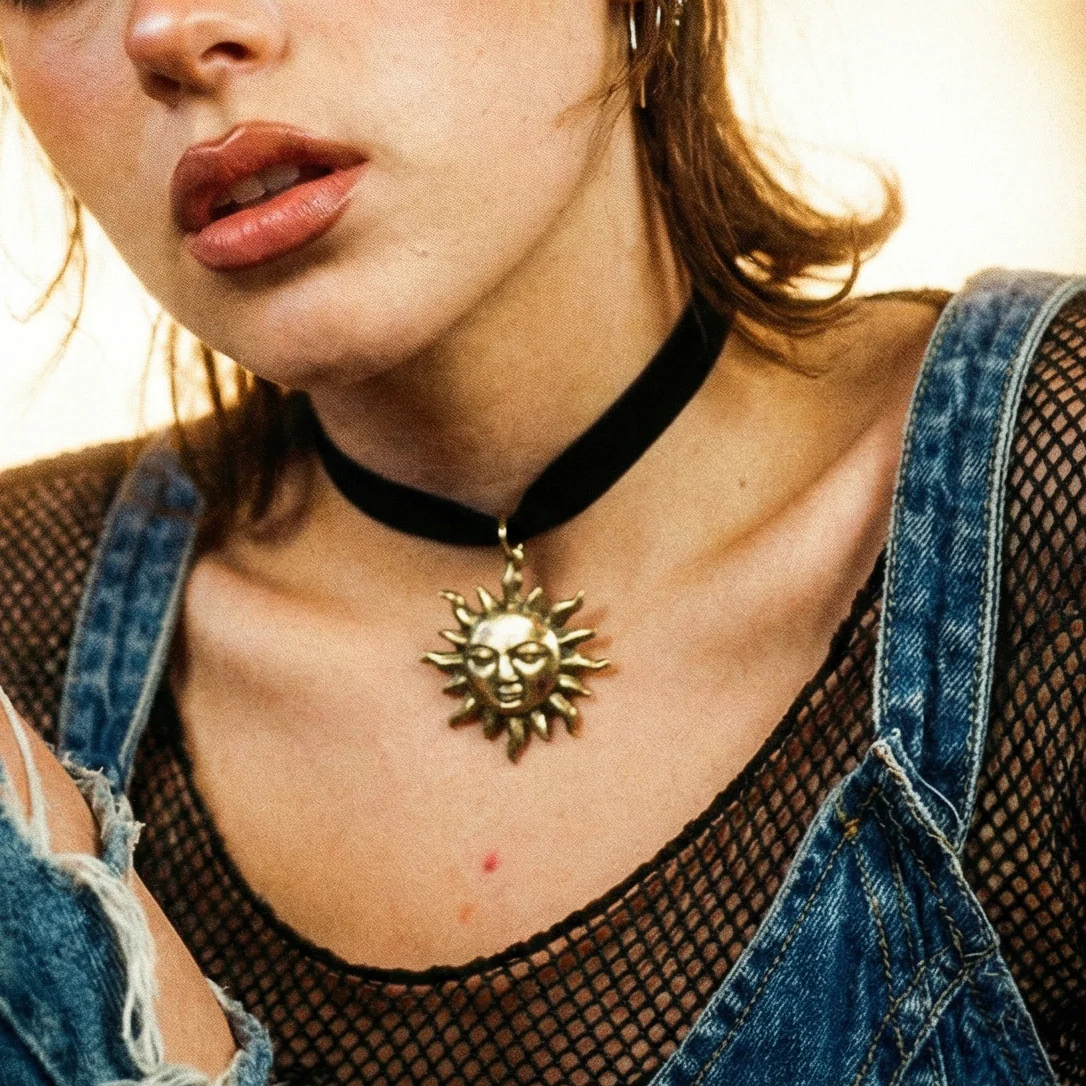 Golden Sun Face Black Velvet Choker - Image 2