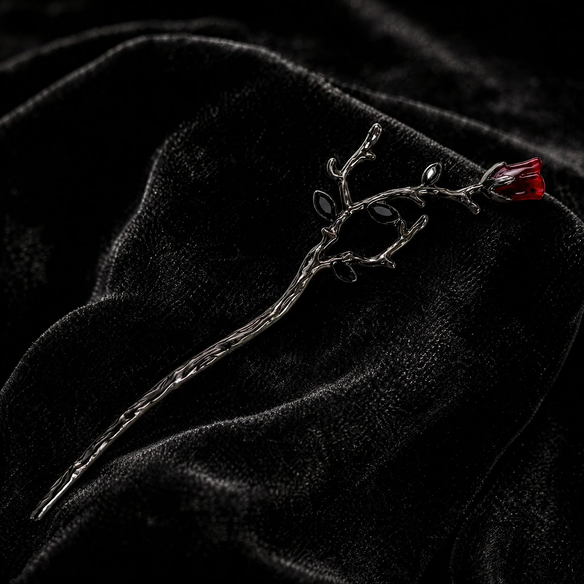 Gothic Rose Hair Stick | Dark Metal Bun Pin with Red Rose & Black Gems
