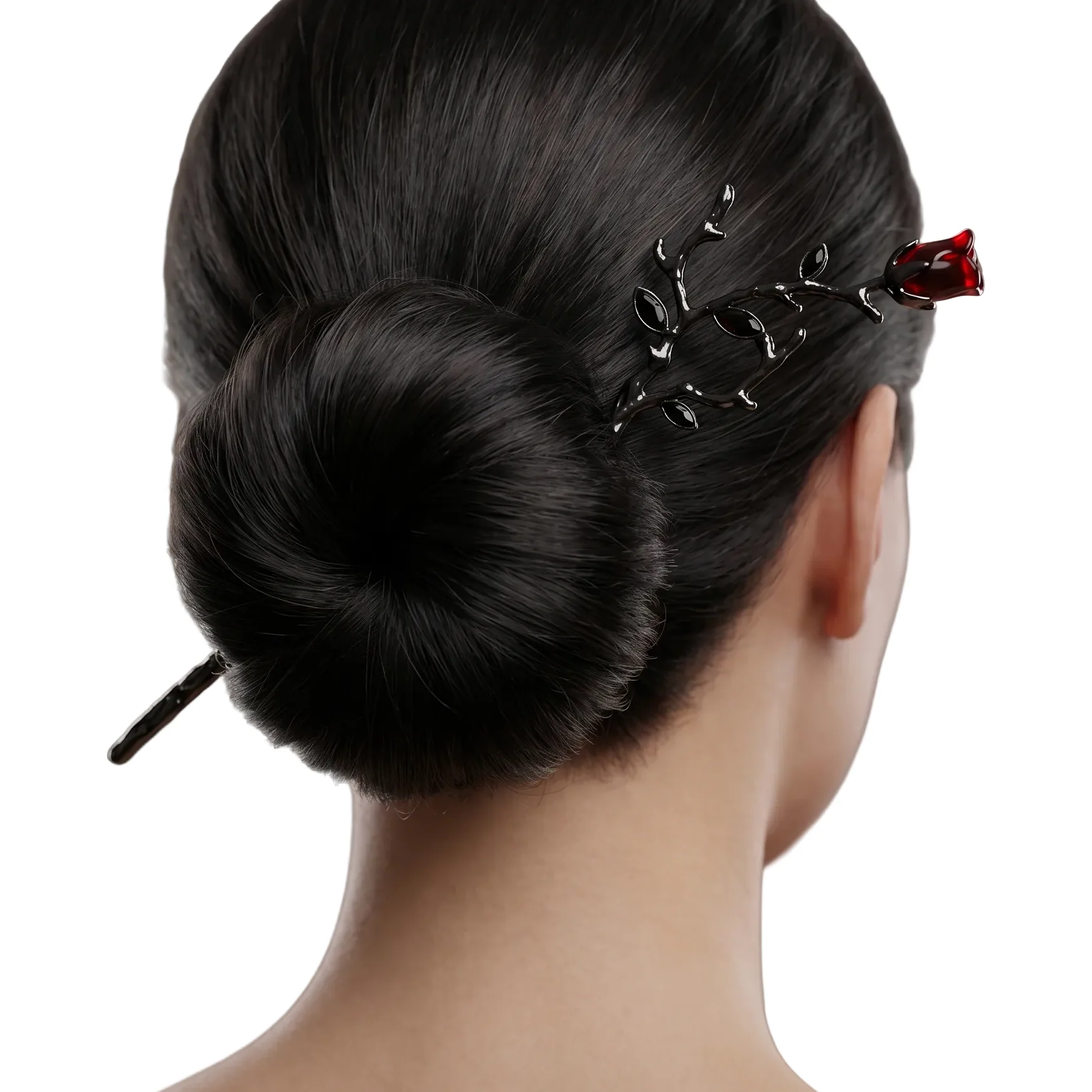 Gothic Rose Hair Stick | Dark Metal Bun Pin with Red Rose & Black Gems - Image 2