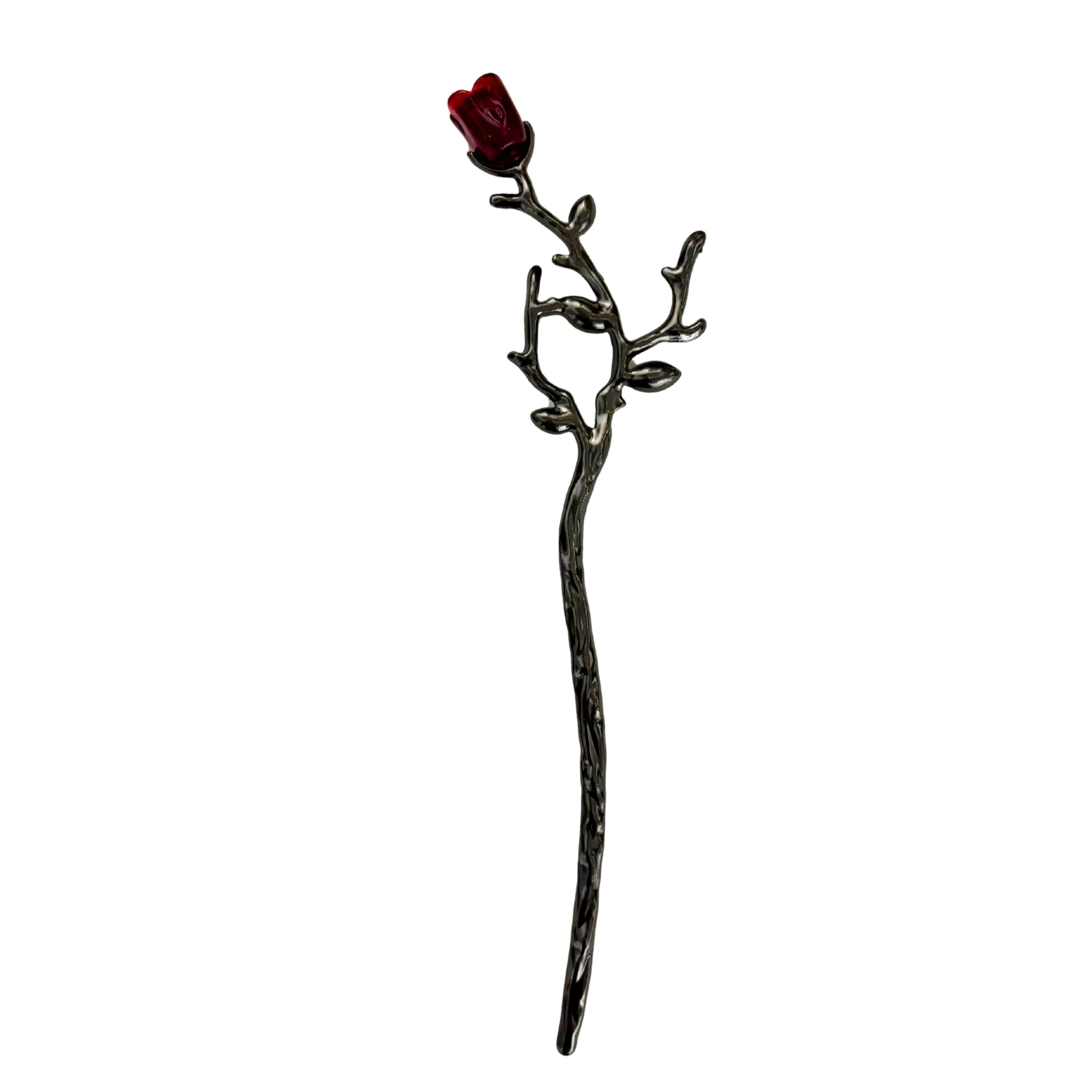 Gothic Rose Hair Stick | Dark Metal Bun Pin with Red Rose & Black Gems - Image 3