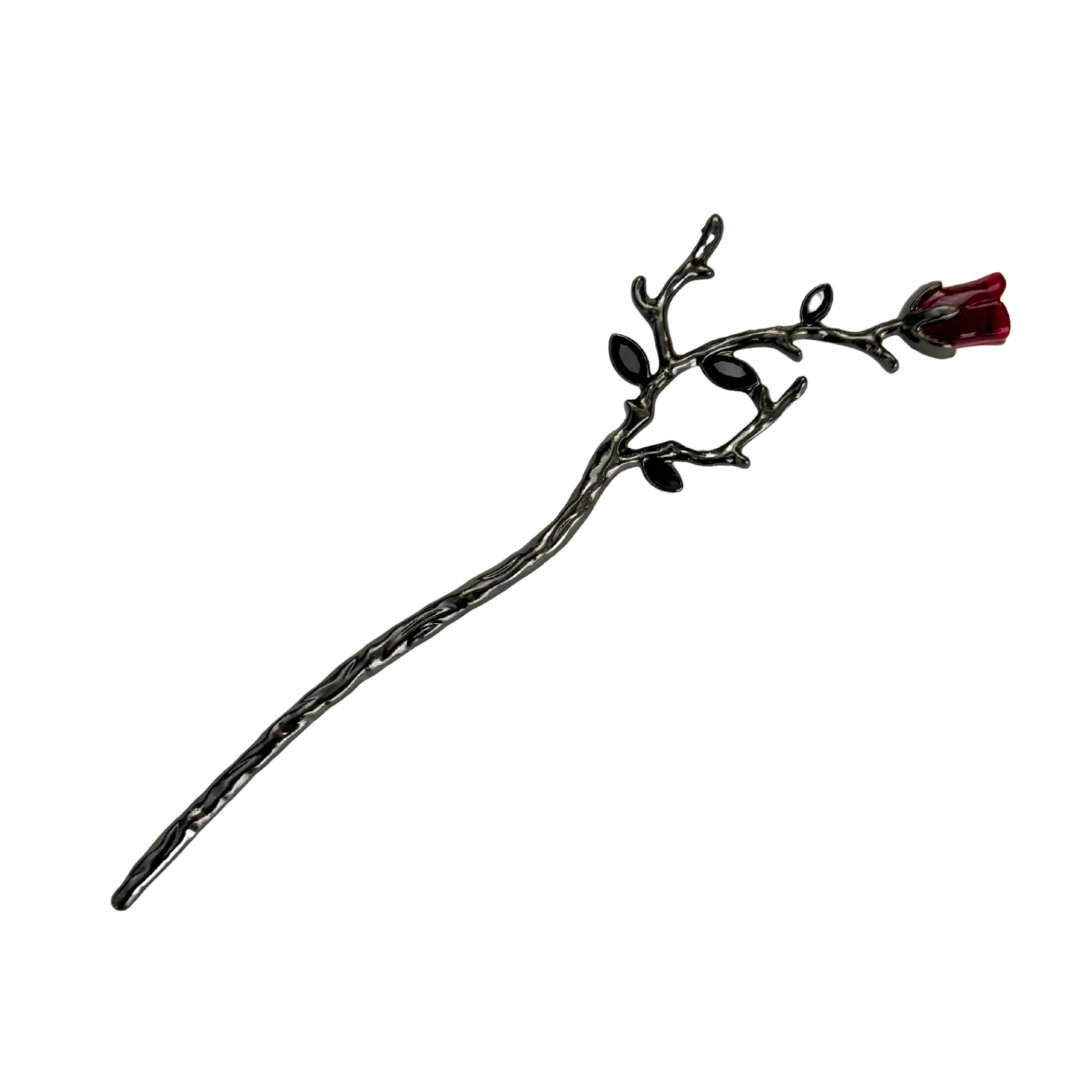 Gothic Rose Hair Stick | Dark Metal Bun Pin with Red Rose & Black Gems - Image 4