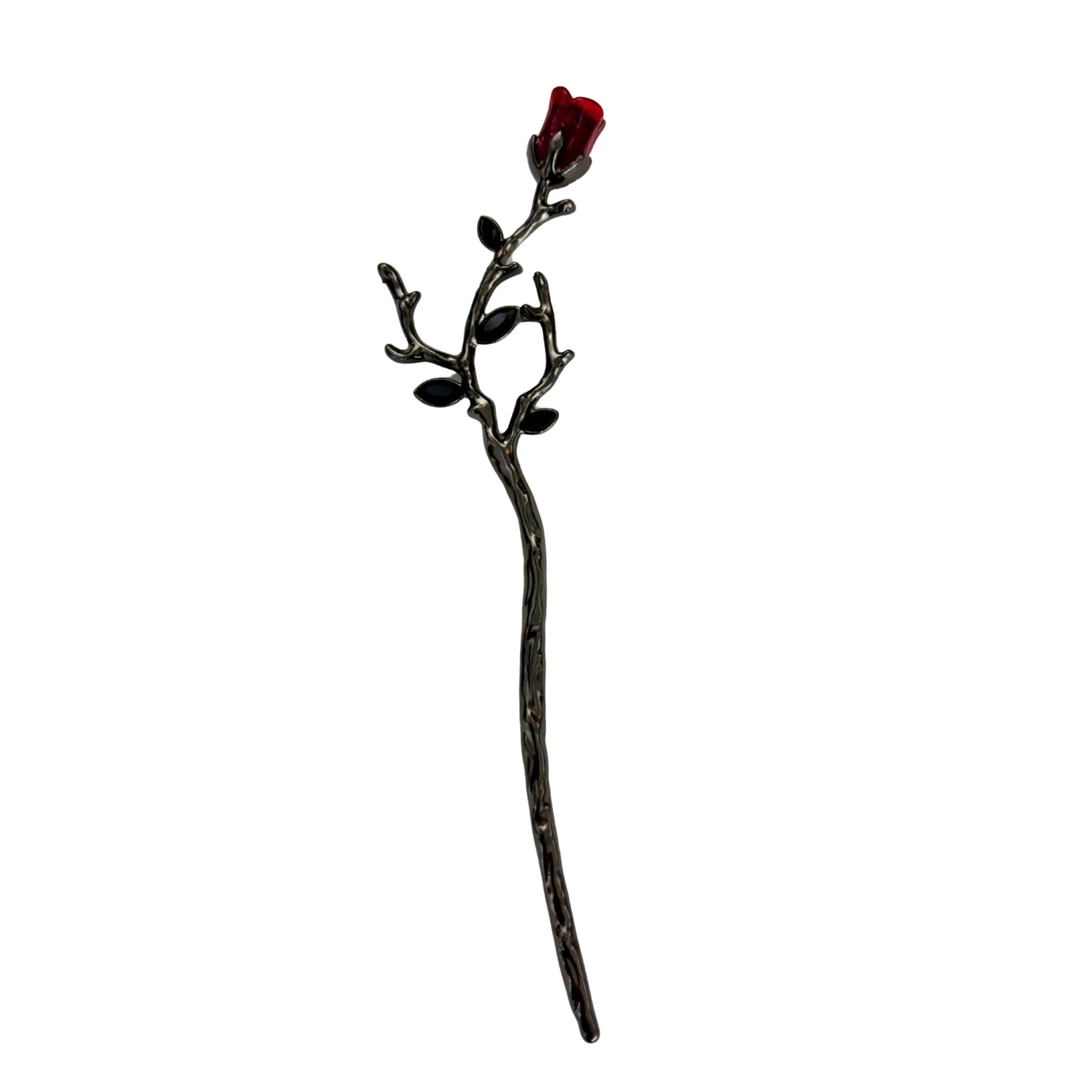 Gothic Rose Hair Stick | Dark Metal Bun Pin with Red Rose & Black Gems - Image 5