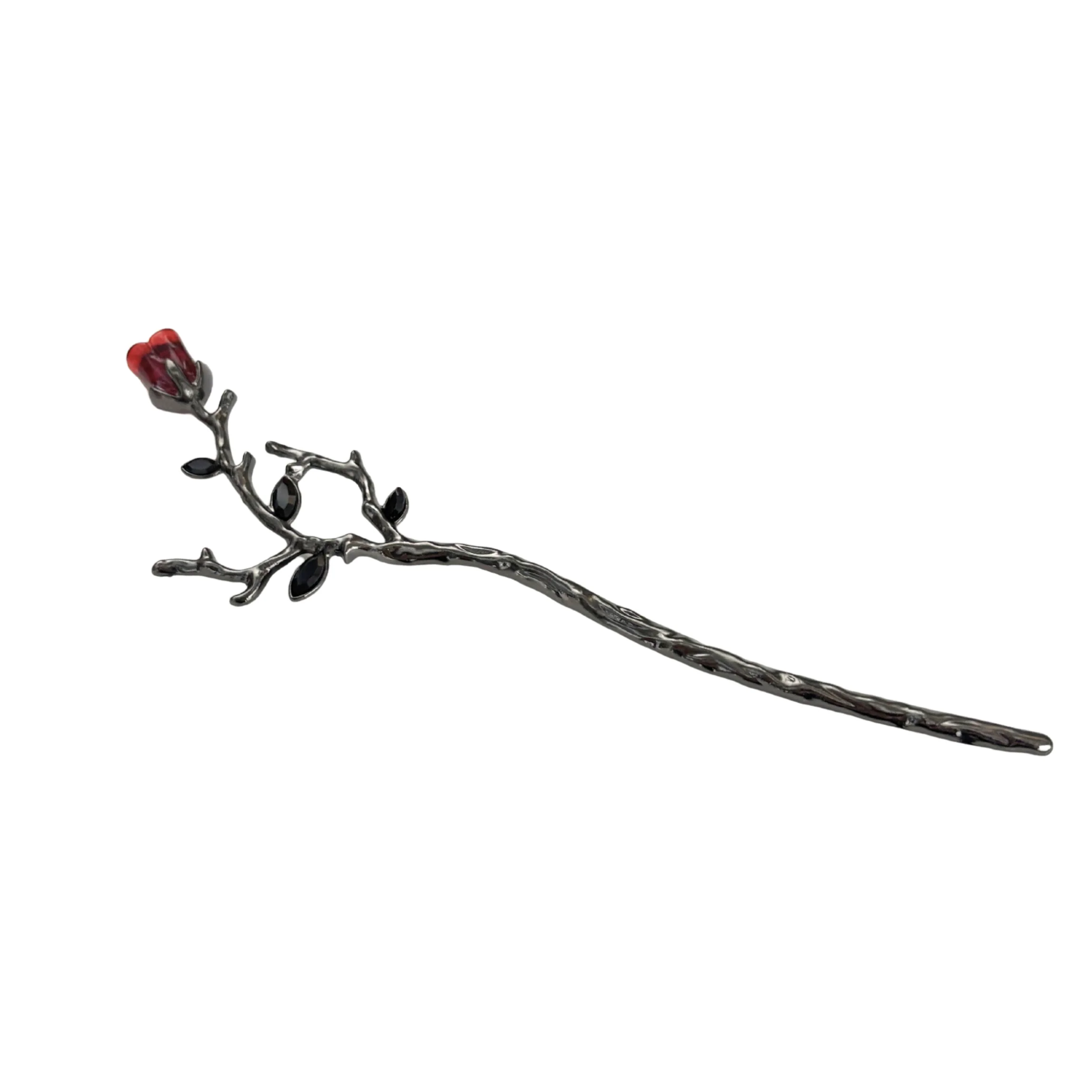 Gothic Rose Hair Stick | Dark Metal Bun Pin with Red Rose & Black Gems - Image 6