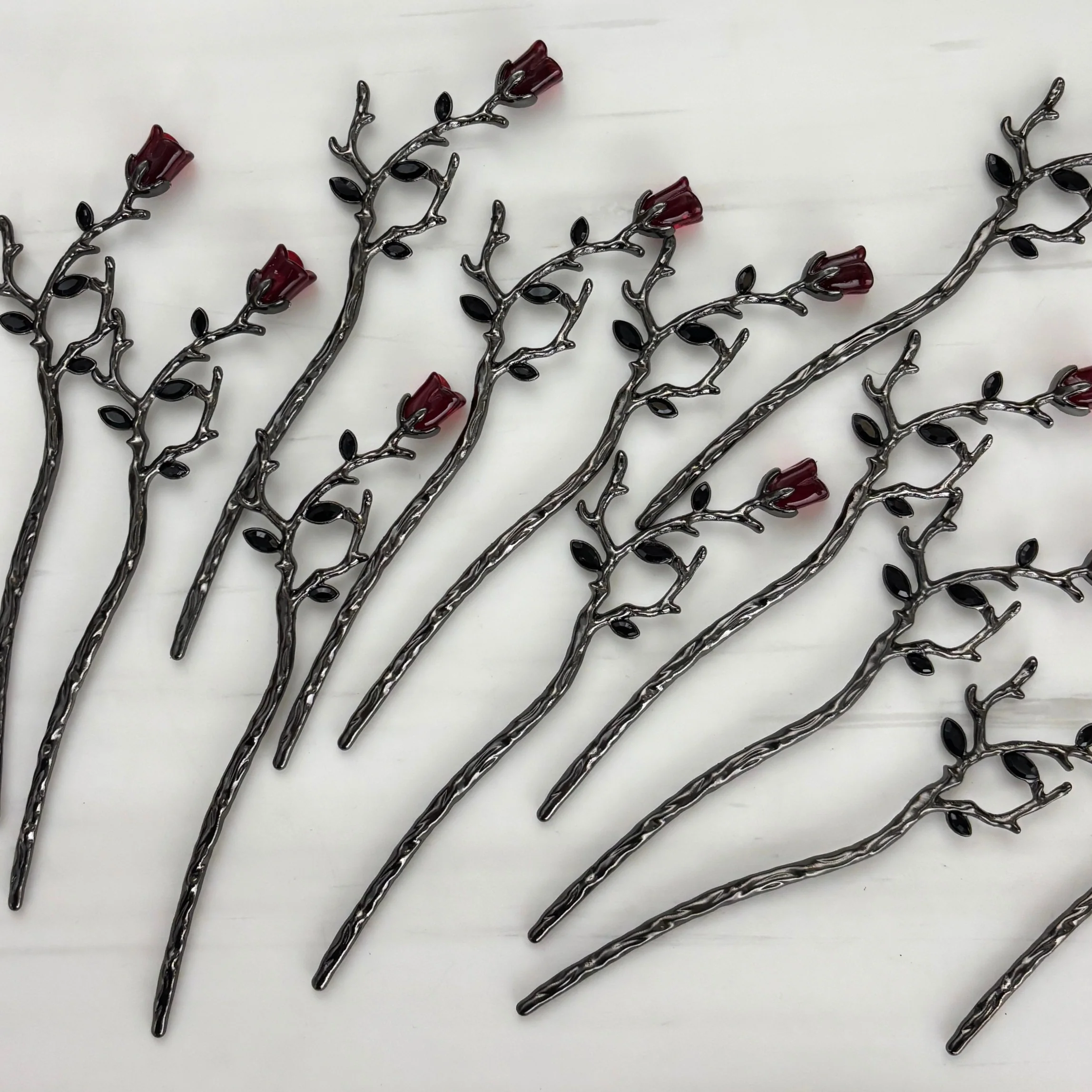 Gothic Rose Hair Stick | Dark Metal Bun Pin with Red Rose & Black Gems - Image 7