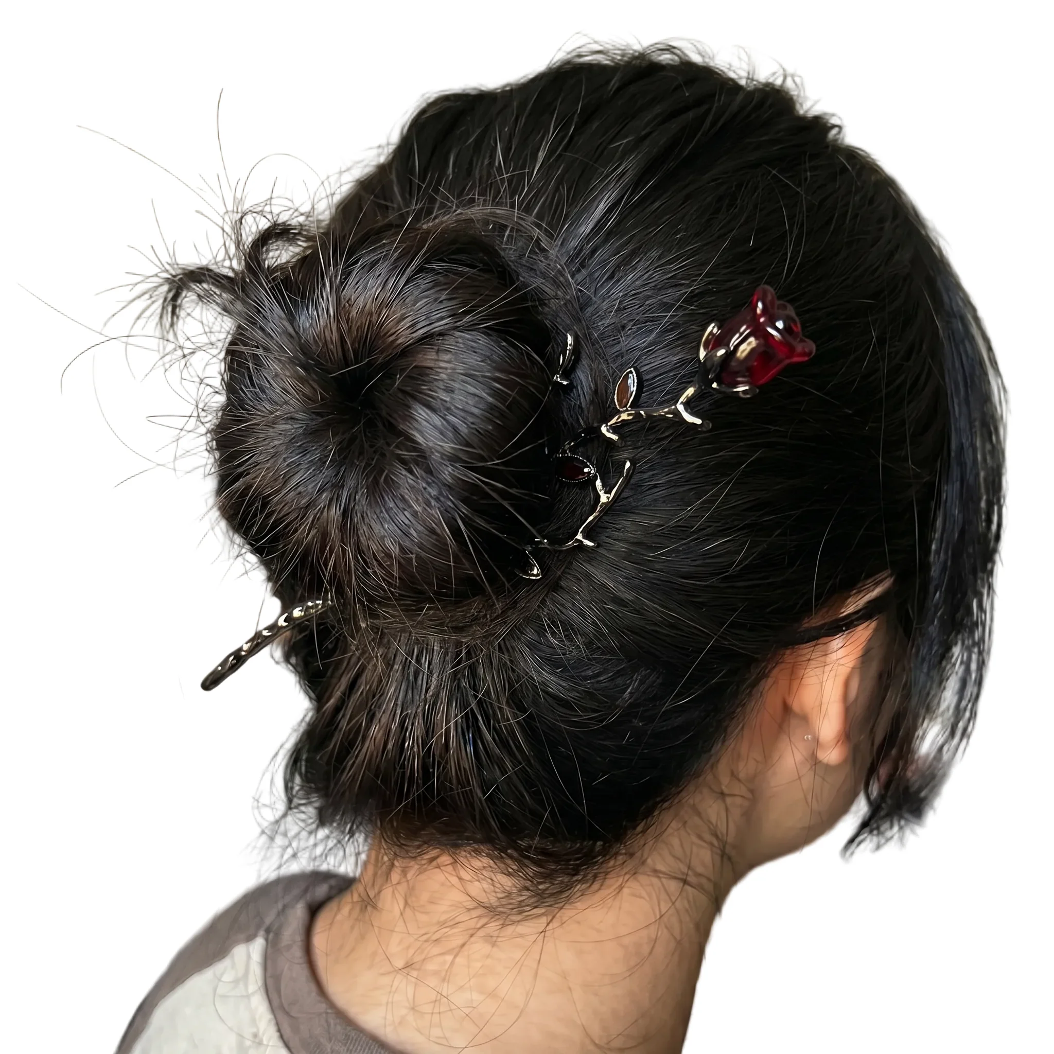 Gothic Rose Hair Stick | Dark Metal Bun Pin with Red Rose & Black Gems - Image 8